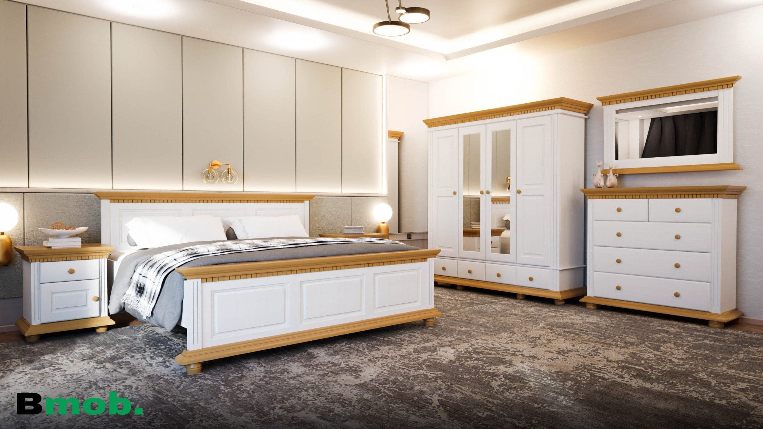 Chambre à coucher « Fjord 2 » en bois massif, avec lit et commode