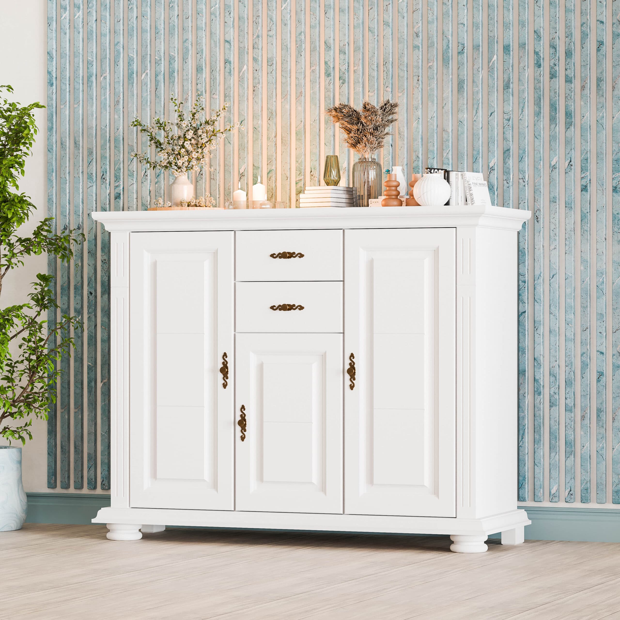 Commode en bois massif « Skagen » à 3 portes et 2 tiroirs