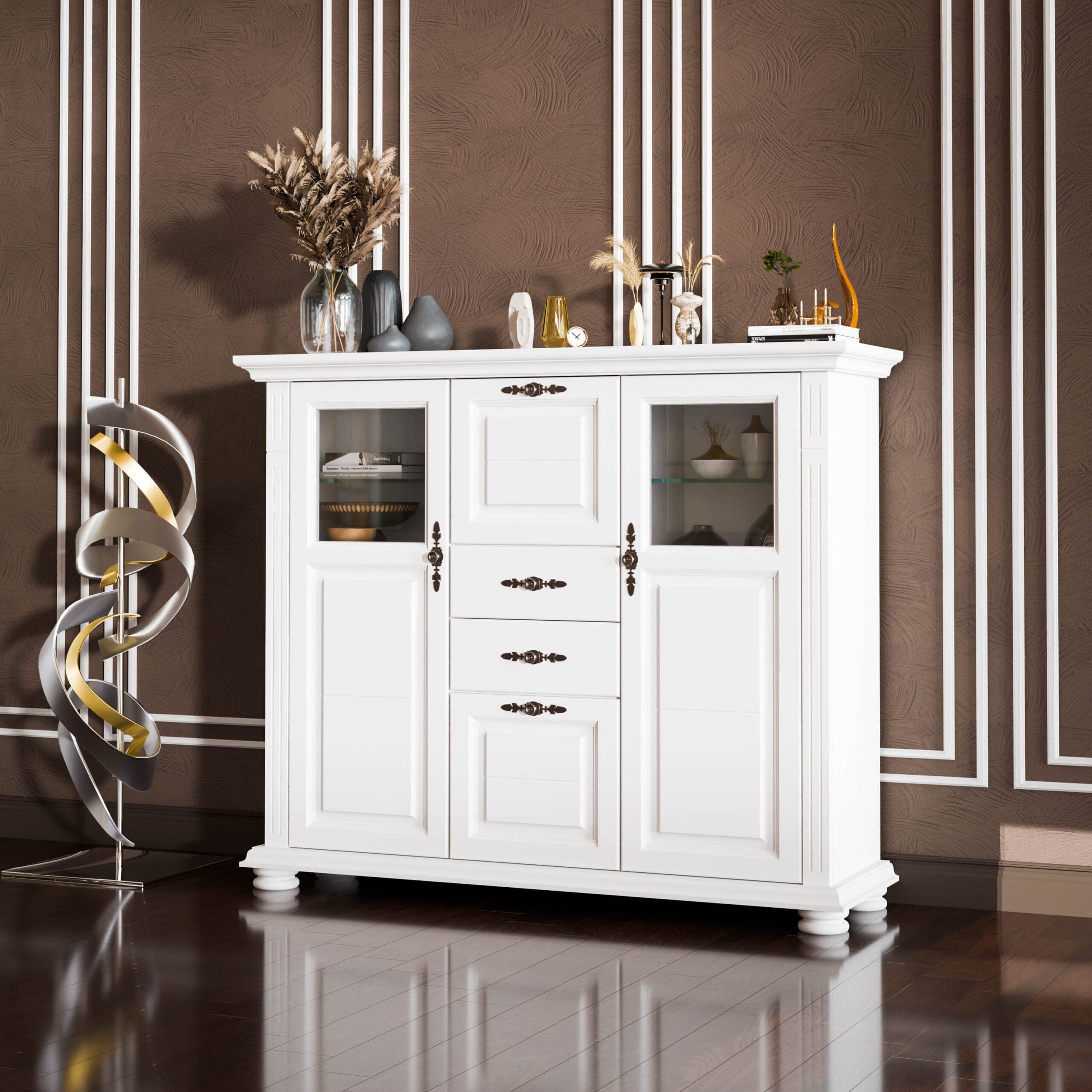Commode « Skagen » en bois massif avec des étagères en verre