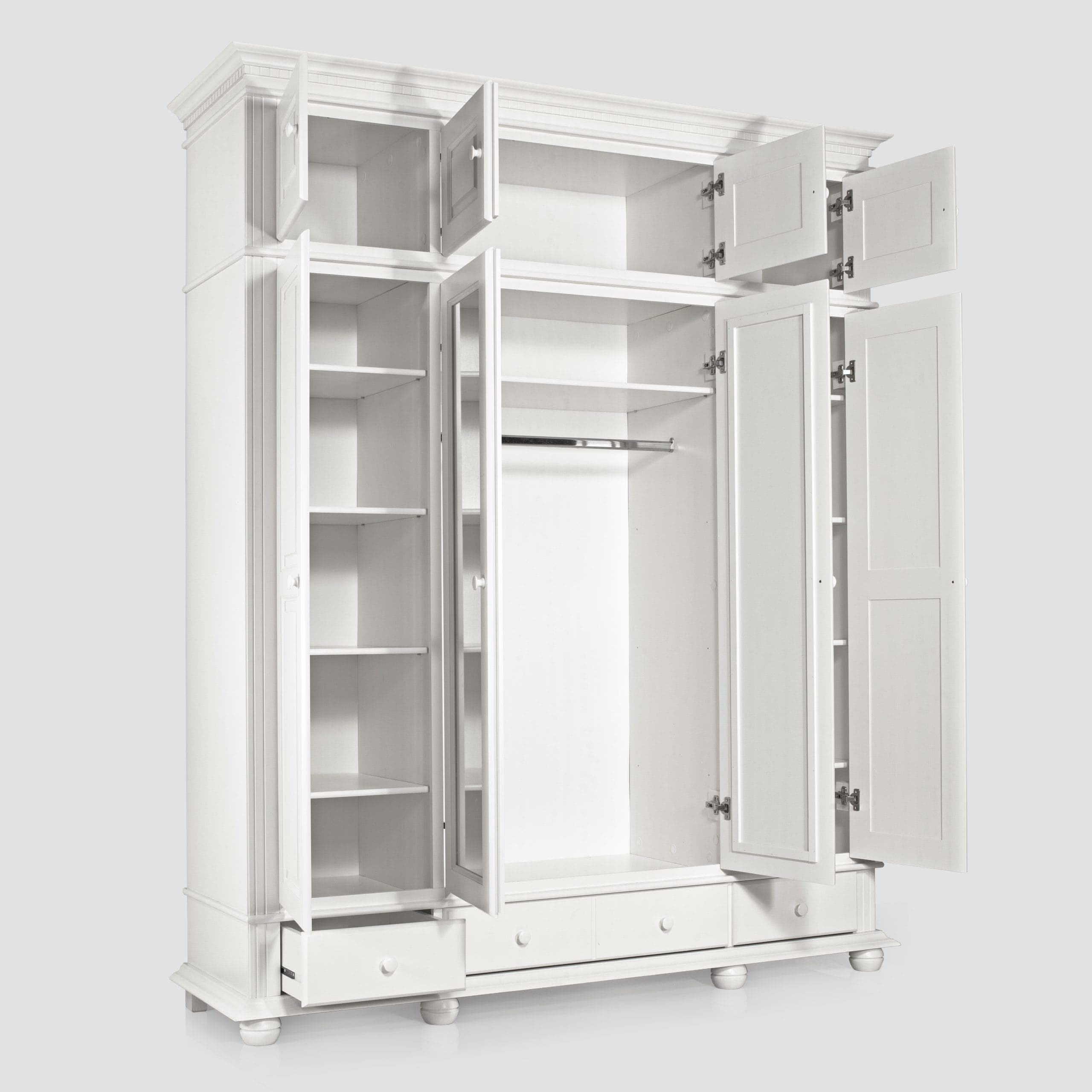 Armoire « Fjord » à 4 portes en bois massif, avec tiroirs et élément supérieur