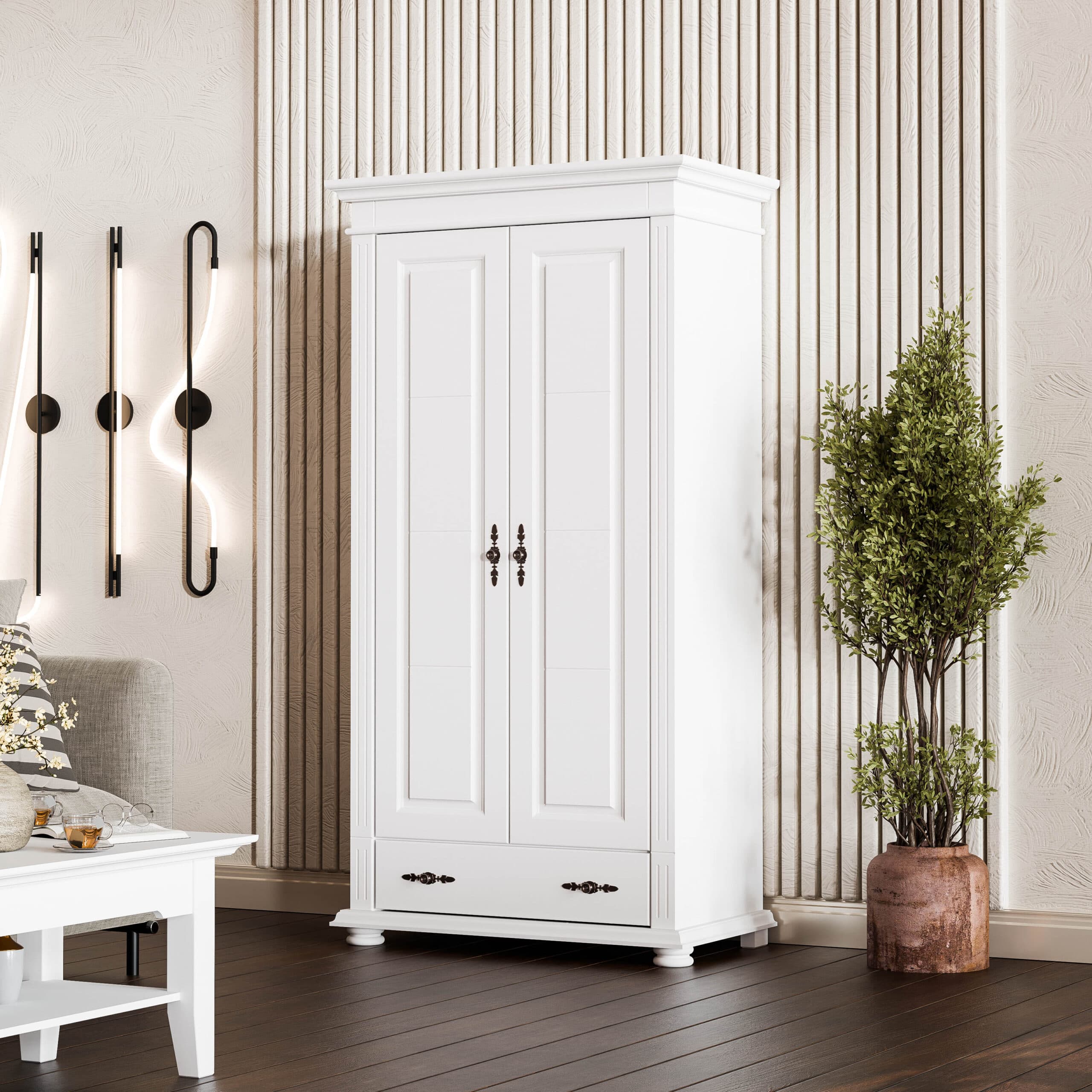 Armoire « Skagen » à deux portes en bois massif avec tringle à vêtements