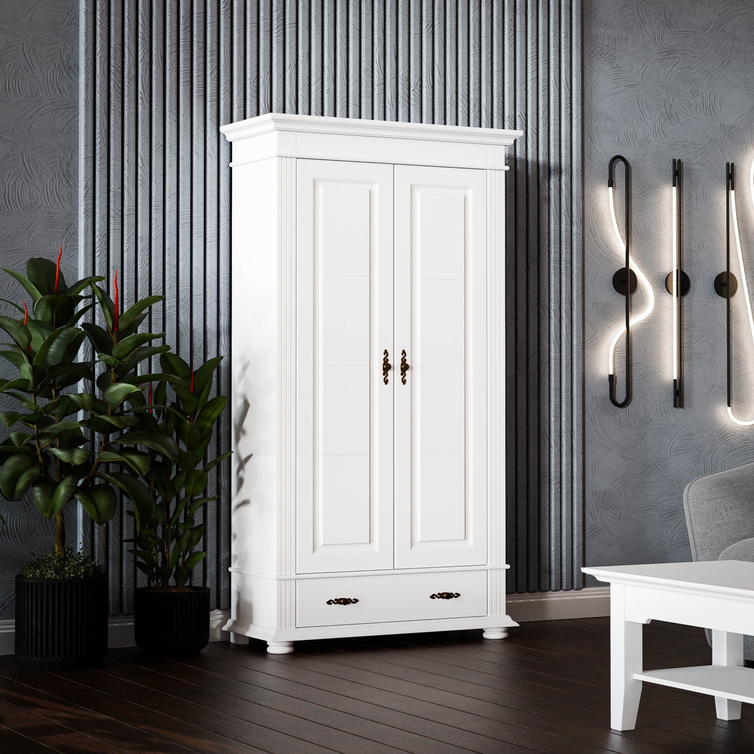 Armoire Skagen à deux portes en bois massif, couleur blanc antique