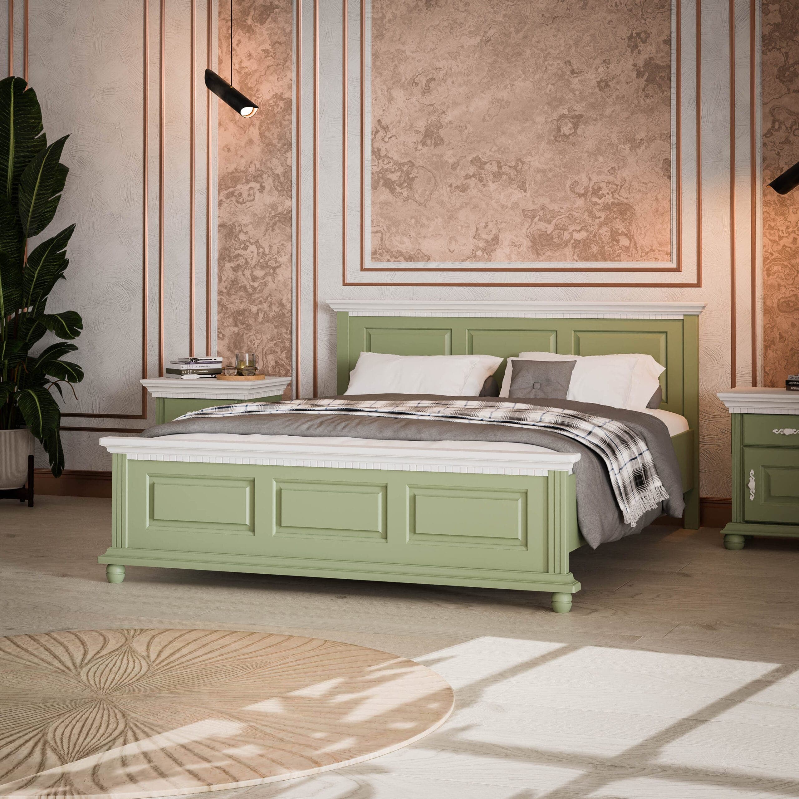 Lit en bois massif Fjord 180 cm, couleur sauge, avec supports de matelas