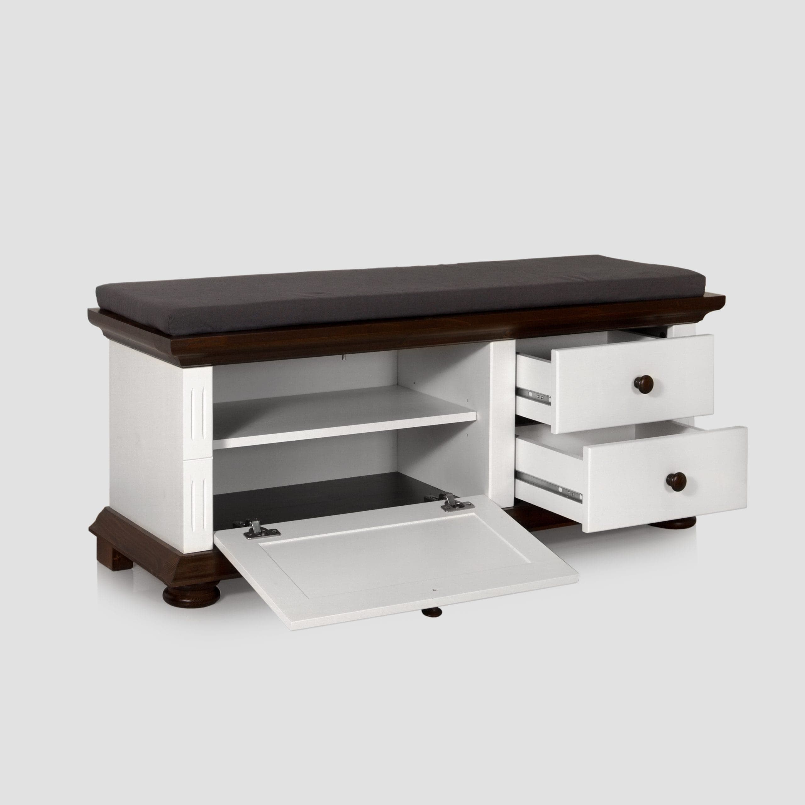Banc en bois massif Skagen avec coussins, gris gravier
