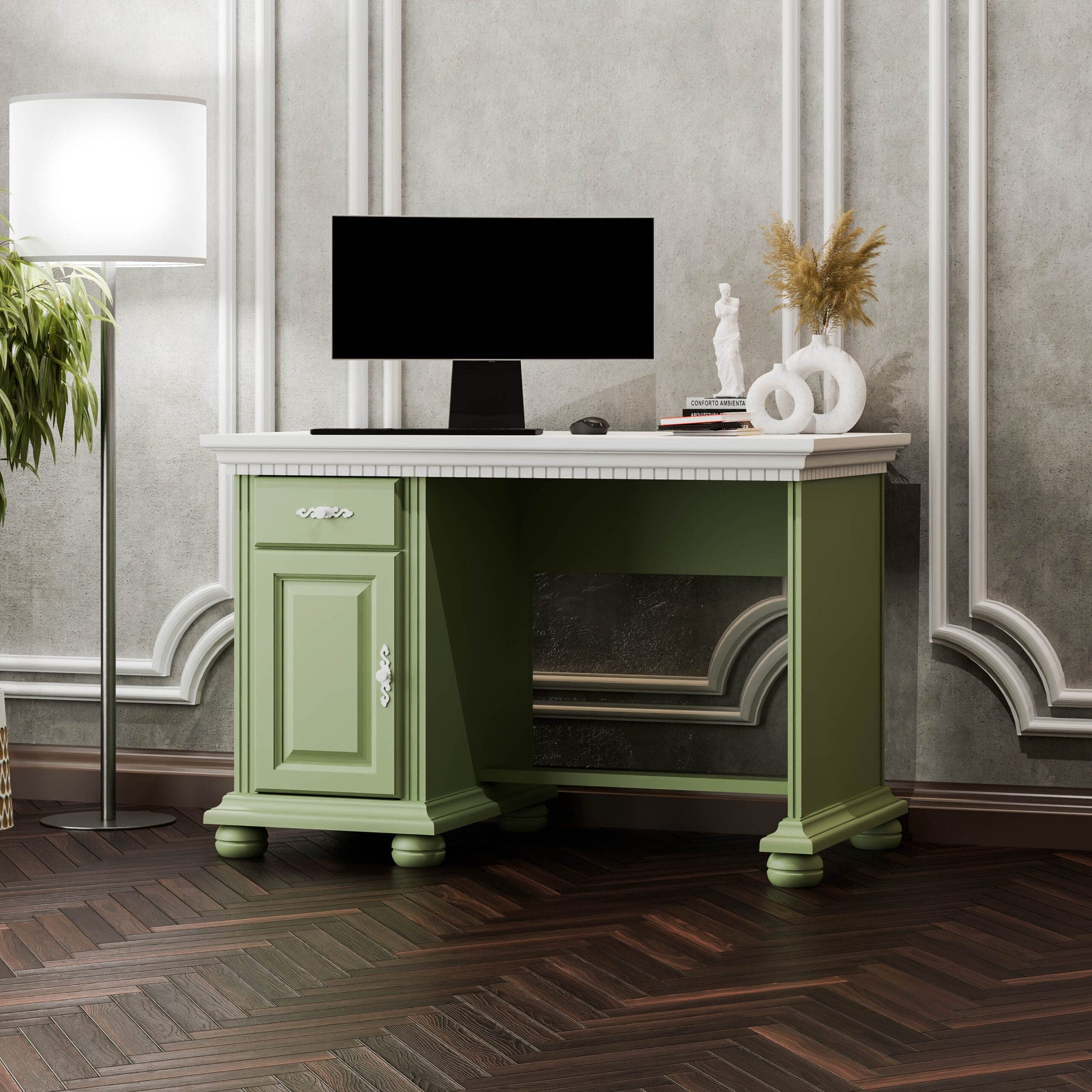 Bureau Fjord avec caisson en bois massif, couleur sauge