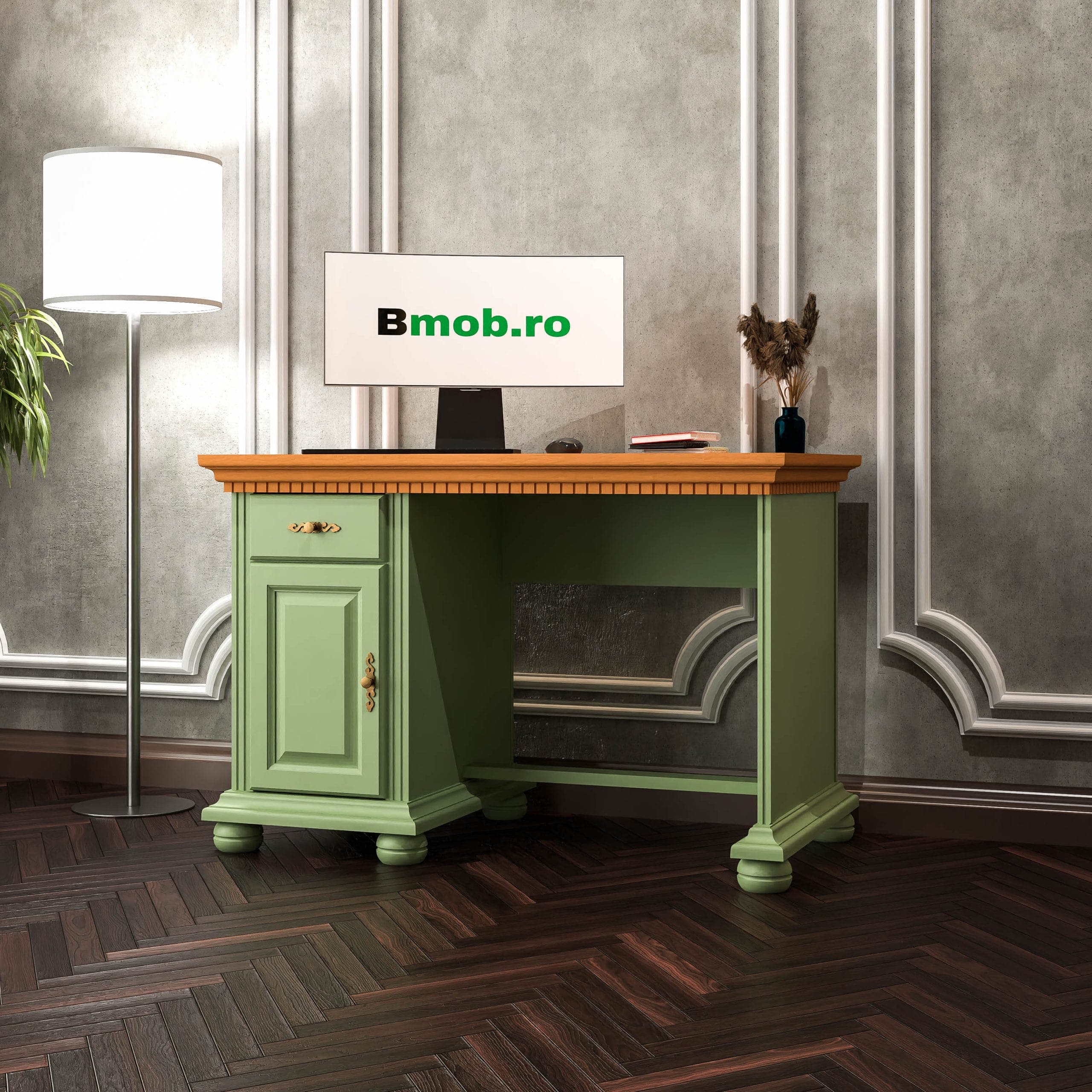 Bureau Fjord avec caisson en bois massif, couleur sauge