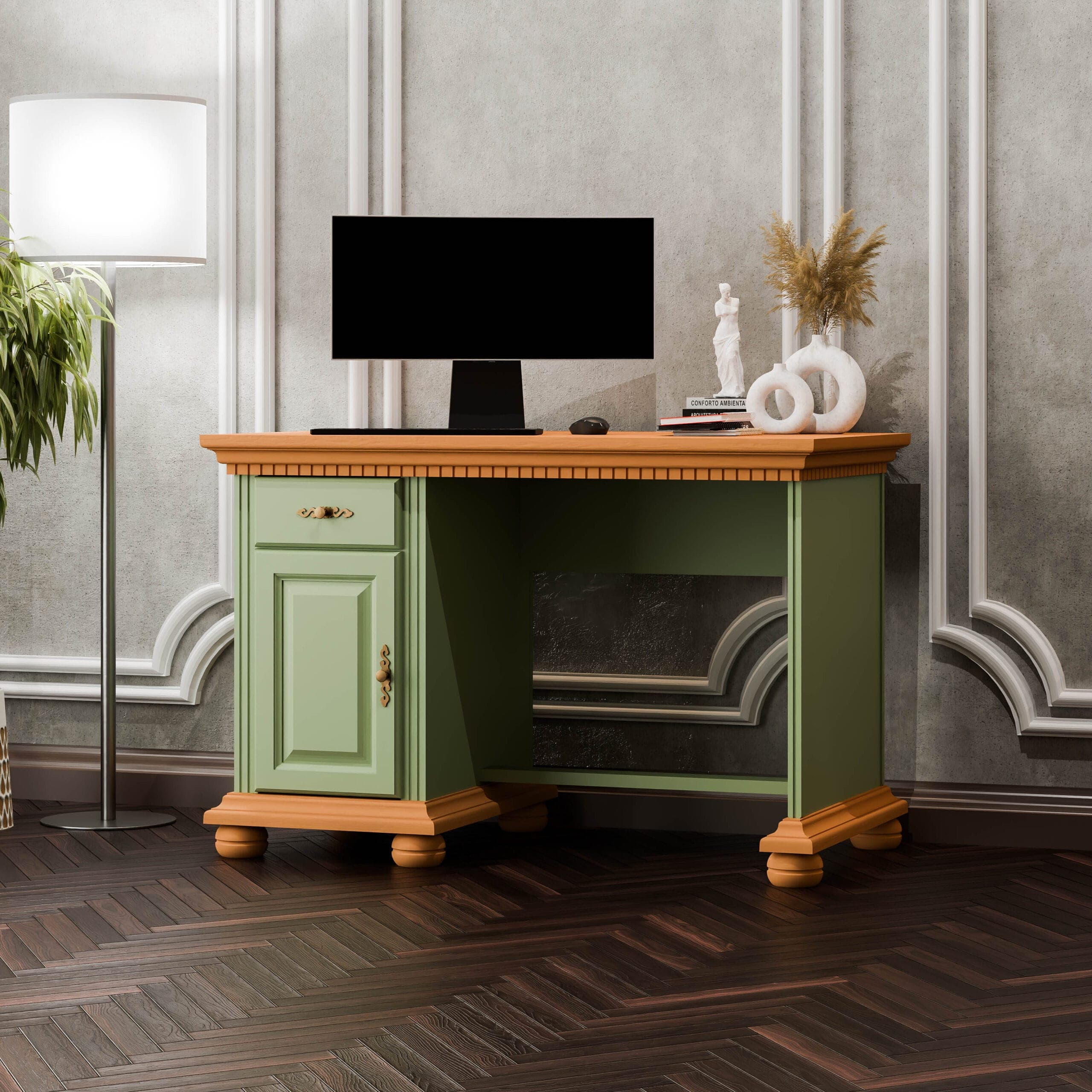 Bureau Fjord avec caisson en bois massif, couleur sauge
