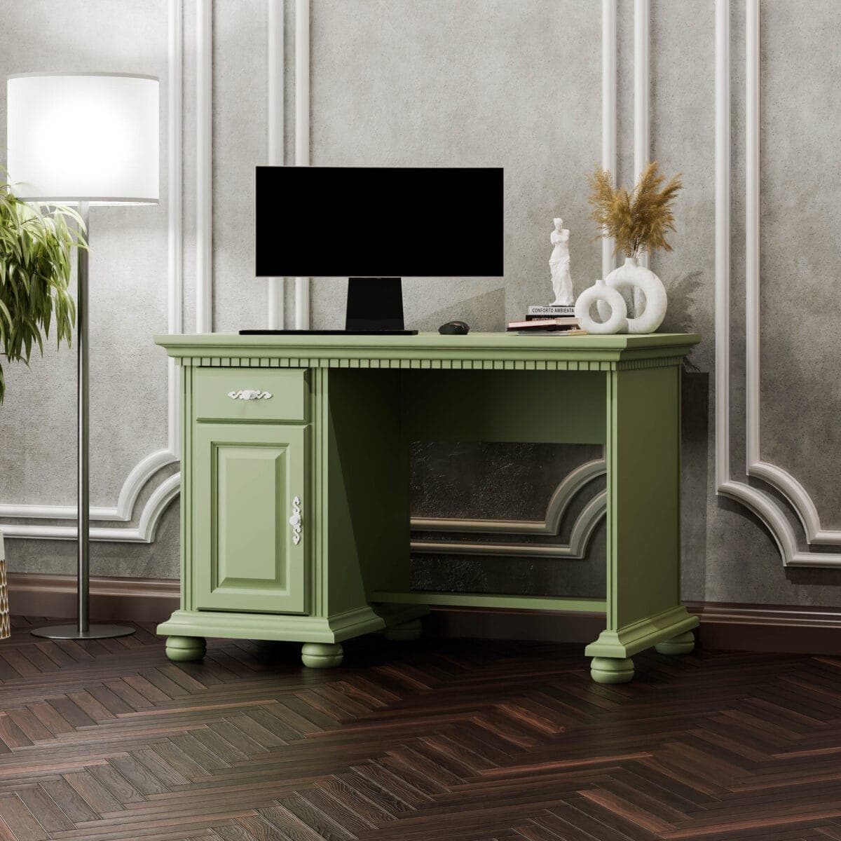 Bureau Fjord avec caisson en bois massif, couleur sauge