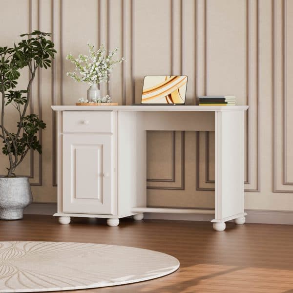 Bureau en bois massif Nordby, couleur beige cachemire, avec tiroir