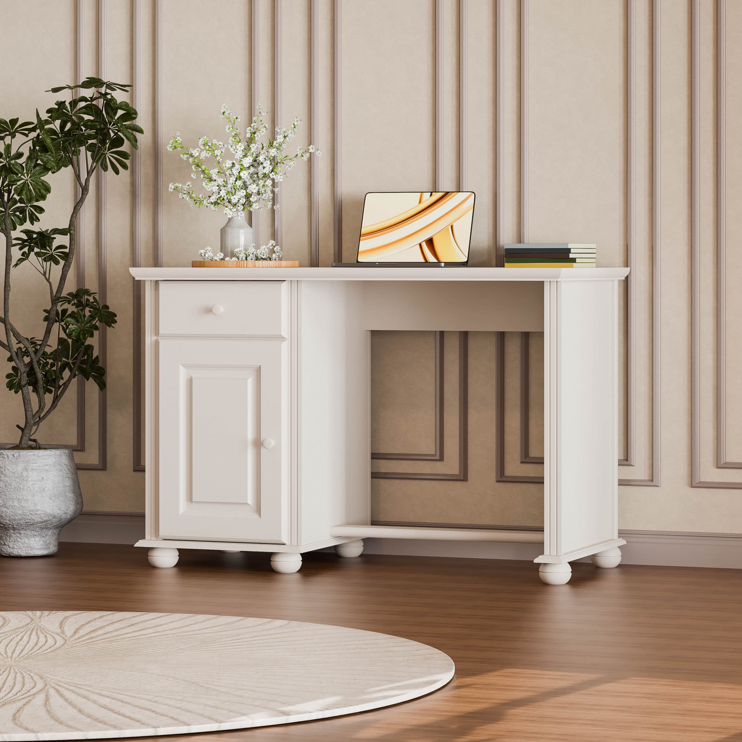 Bureau en bois massif Nordby, couleur beige cachemire, avec tiroir