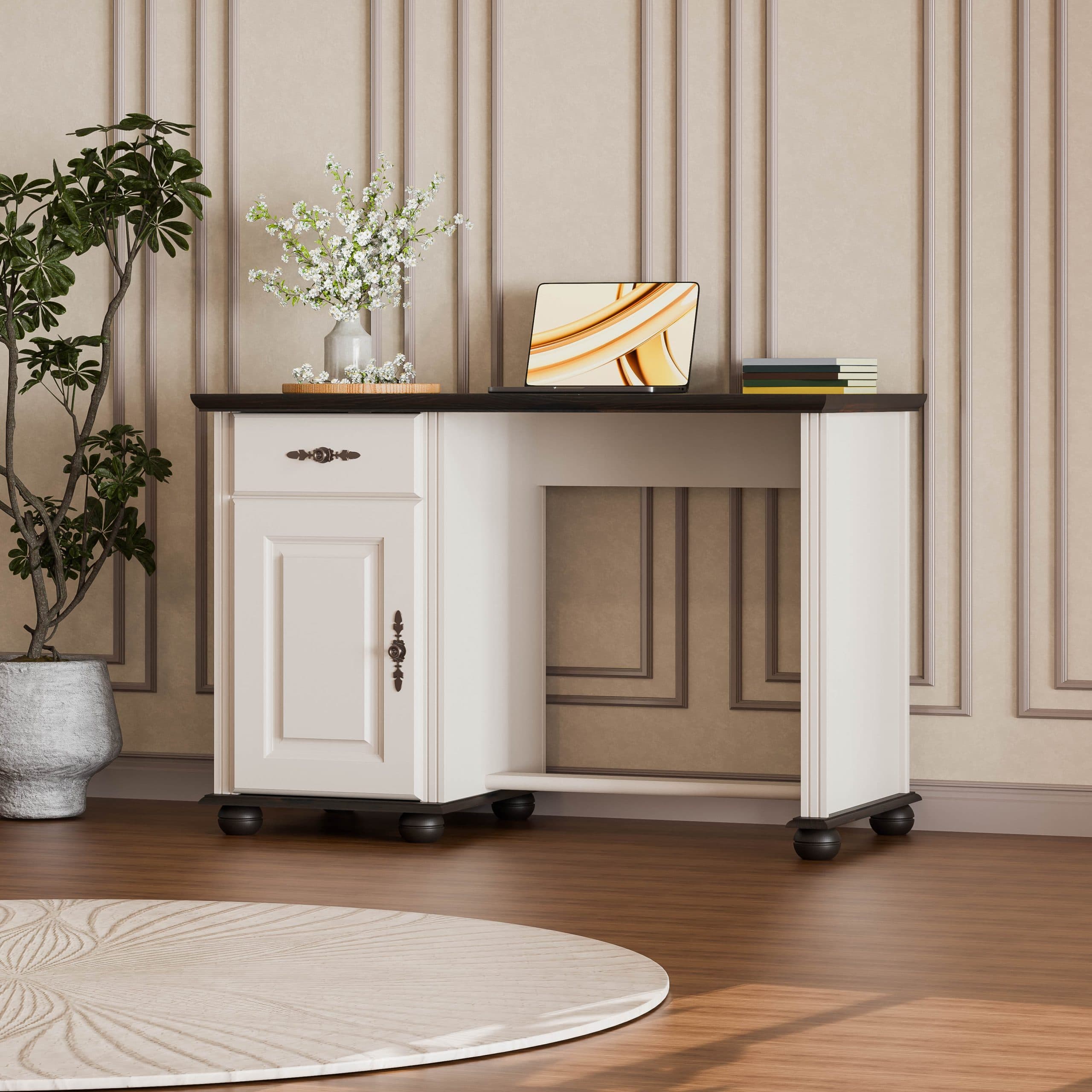 Bureau en bois massif Nordby, couleur beige cachemire, avec tiroir