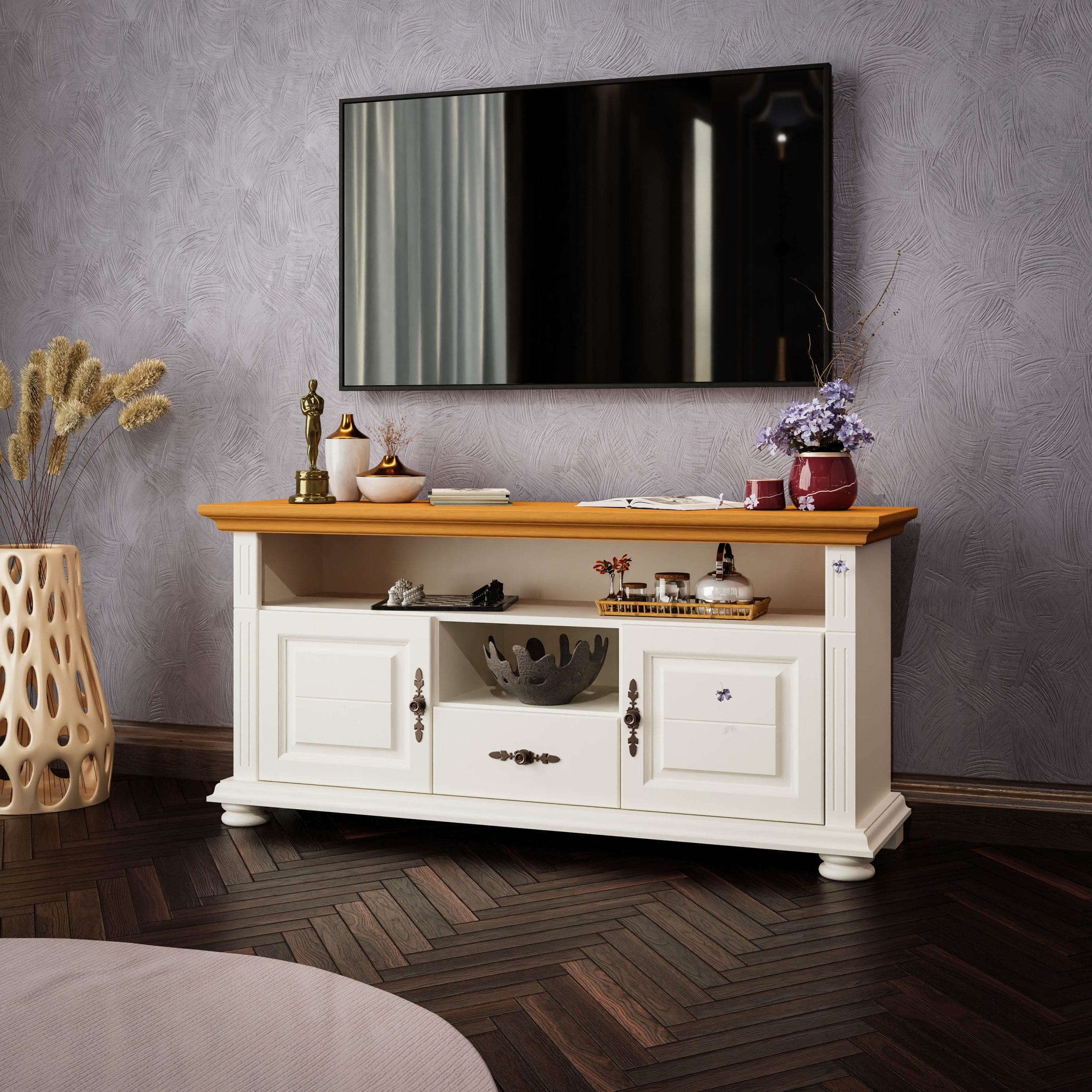 Meuble TV Skagen Grand, en bois massif, couleur vanille