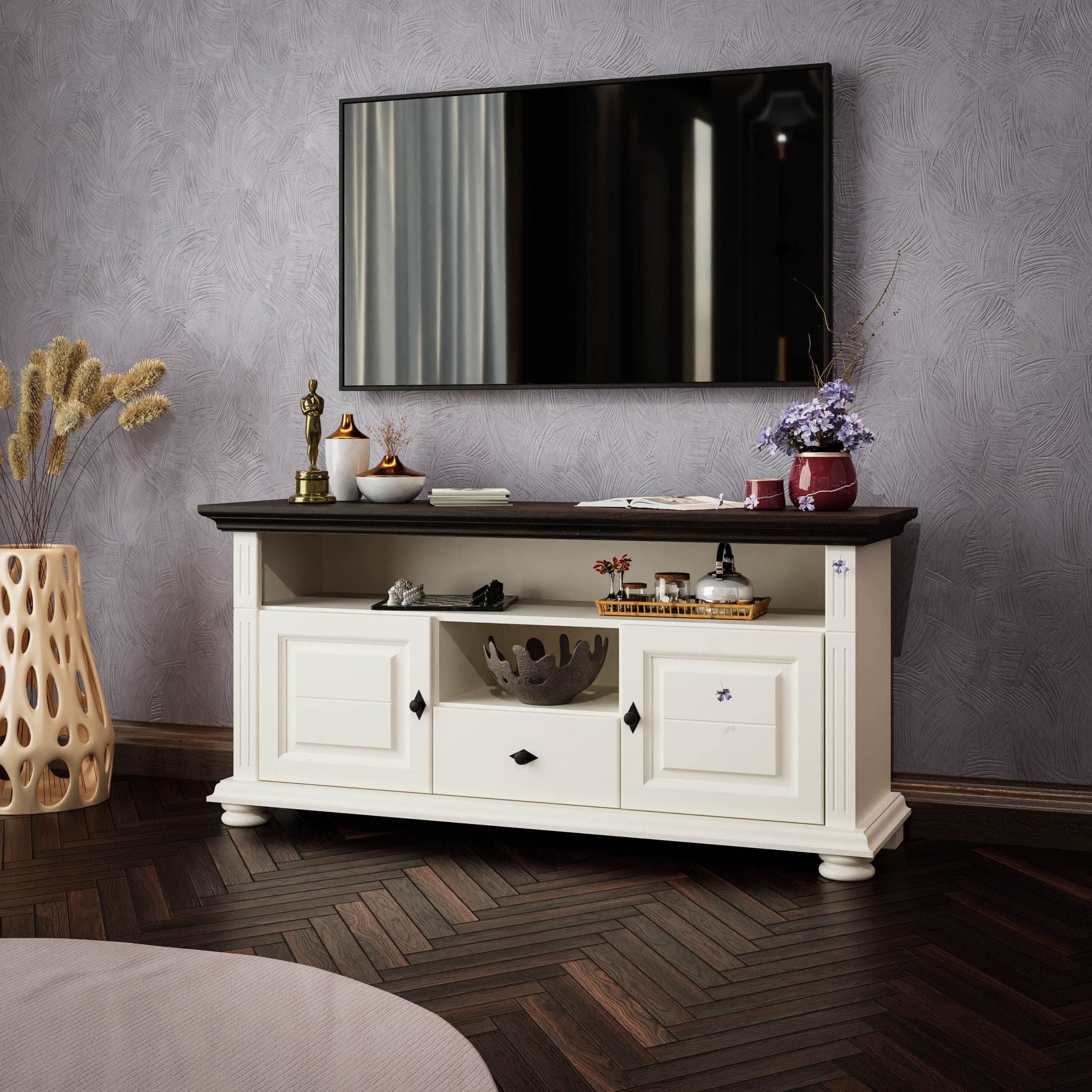 Meuble TV Skagen Grand, en bois massif, couleur vanille
