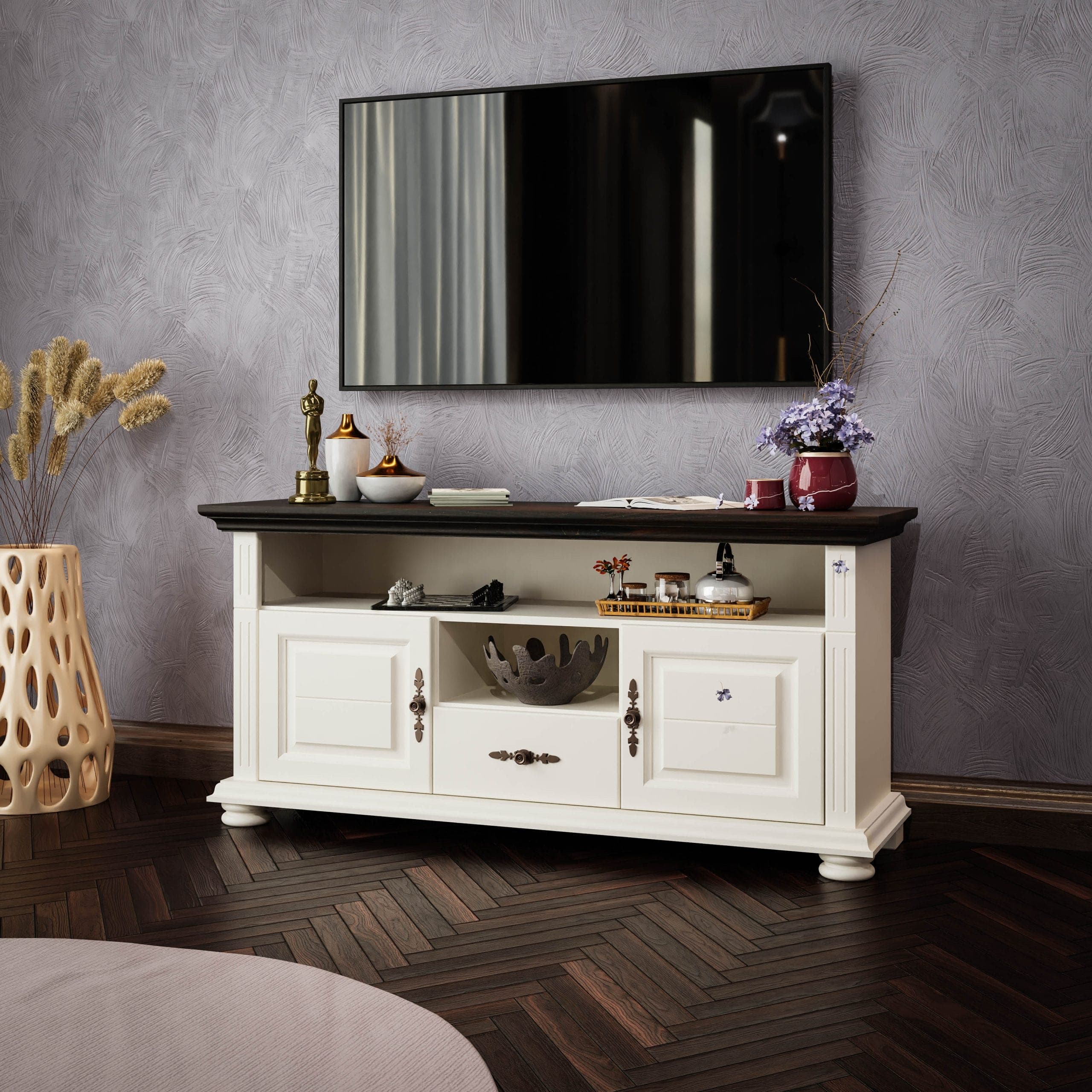Meuble TV Skagen Grand, en bois massif, couleur vanille