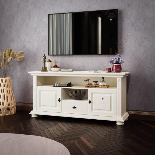 Meuble TV Skagen Grand, en bois massif, couleur vanille