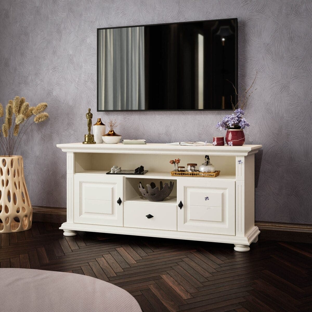 Meuble TV Skagen Grand, en bois massif, couleur vanille