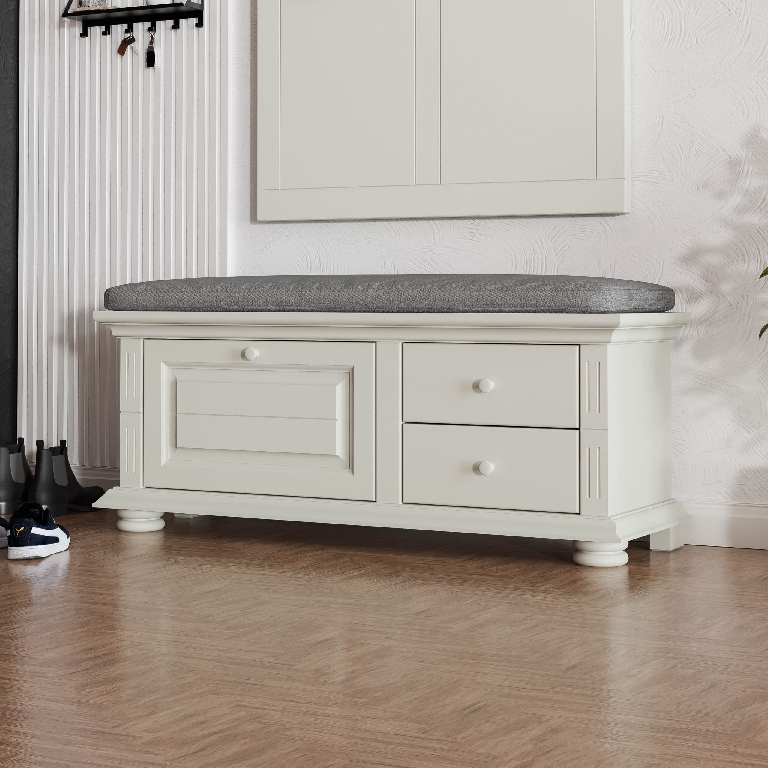 Banc en bois massif Skagen avec coussins, gris gravier