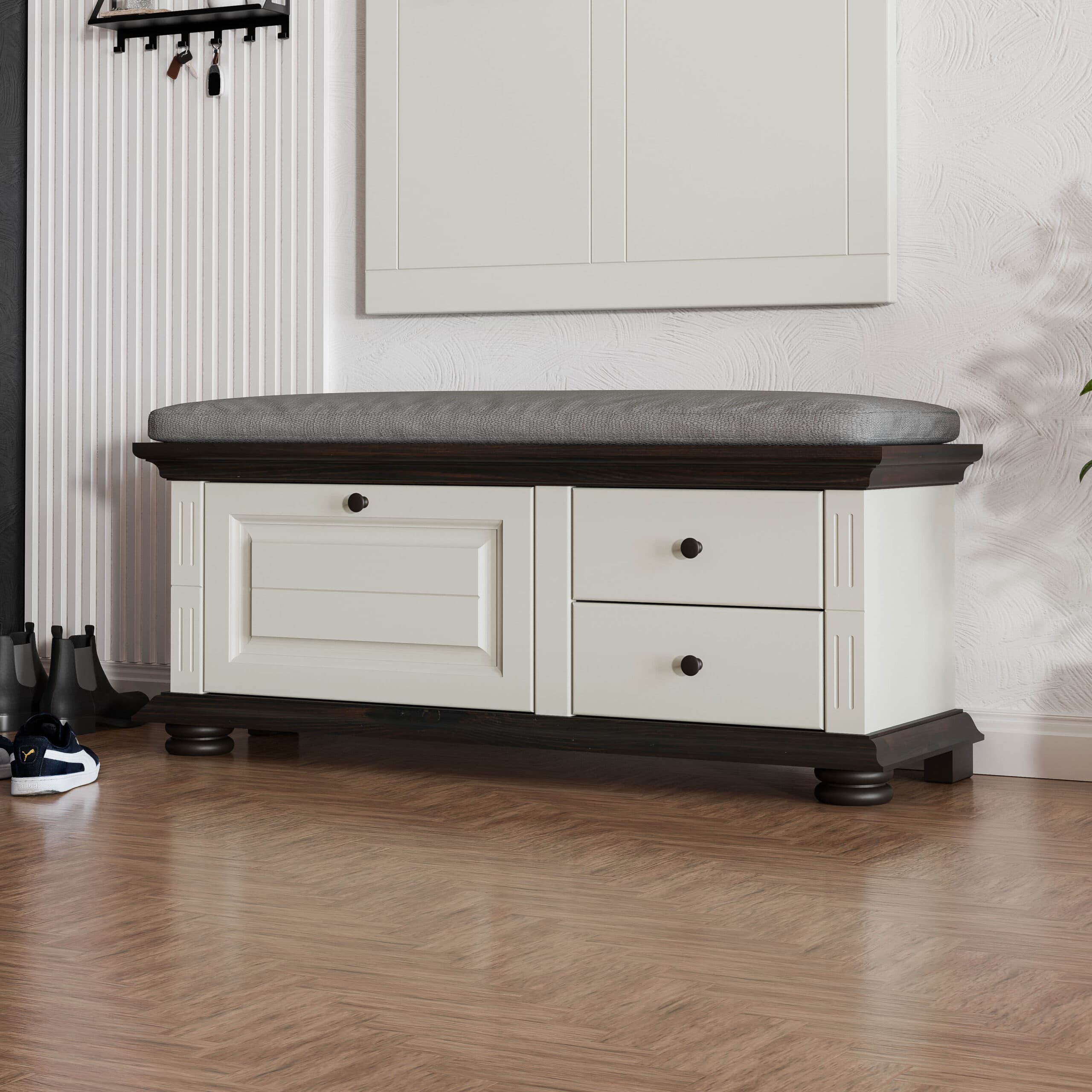 Banc en bois massif Skagen avec coussins, gris gravier