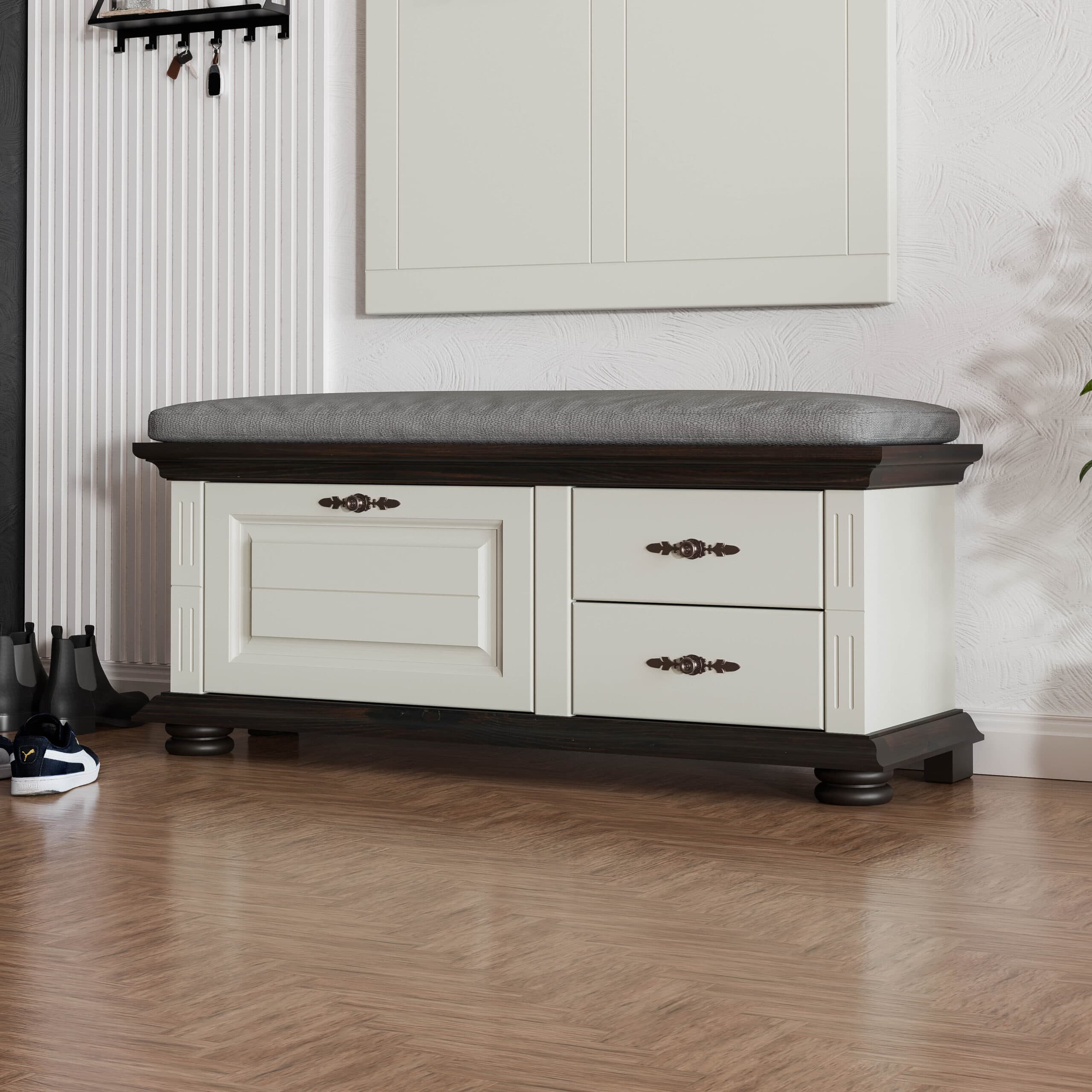 Banc en bois massif Skagen avec coussins, gris gravier