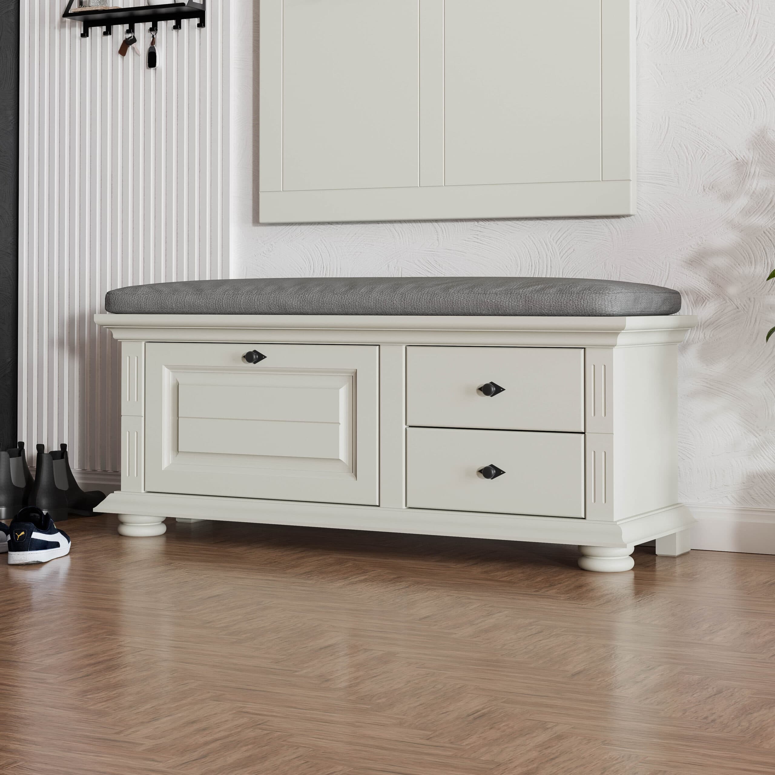 Banc en bois massif Skagen avec coussins, gris gravier