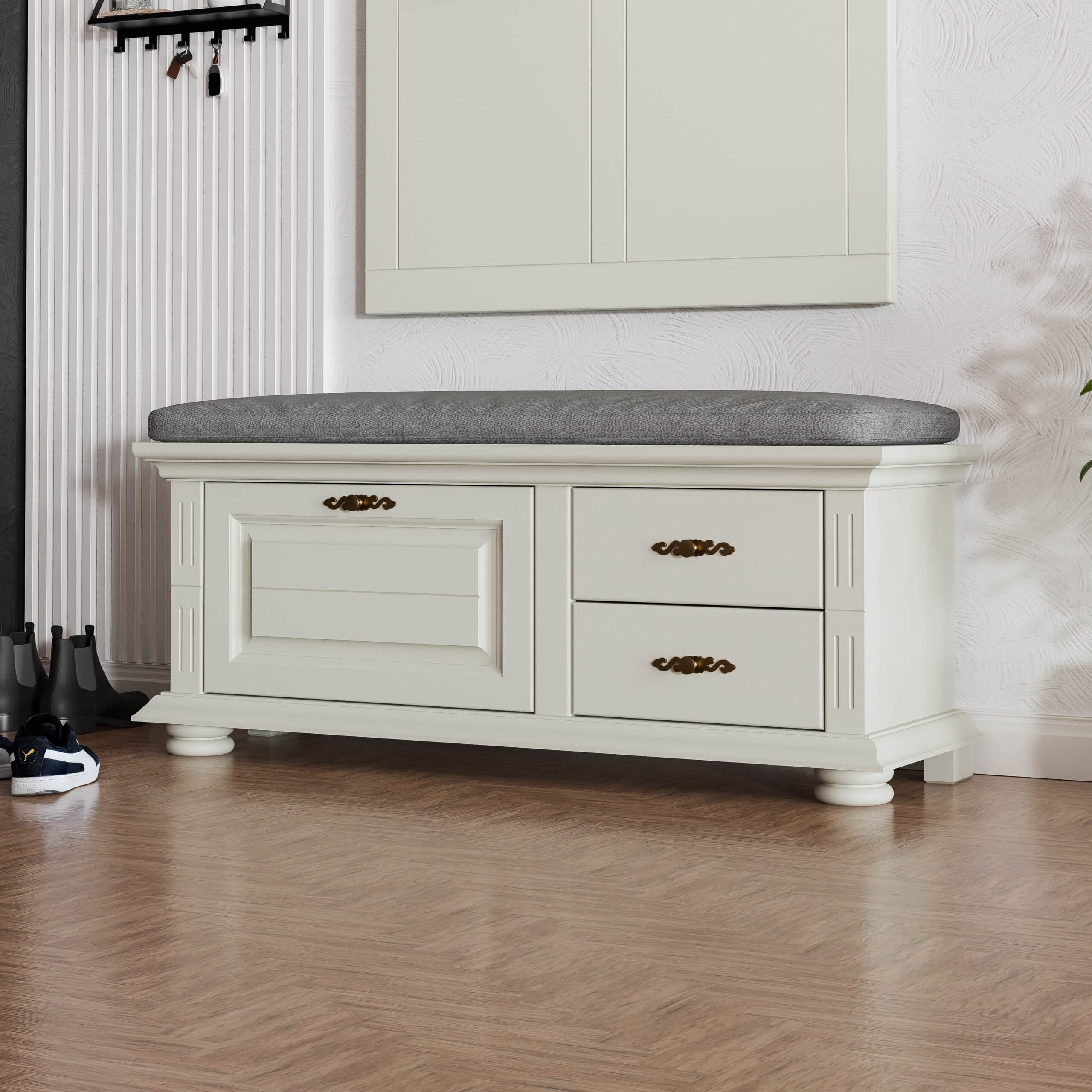 Banc en bois massif Skagen avec coussins, gris gravier