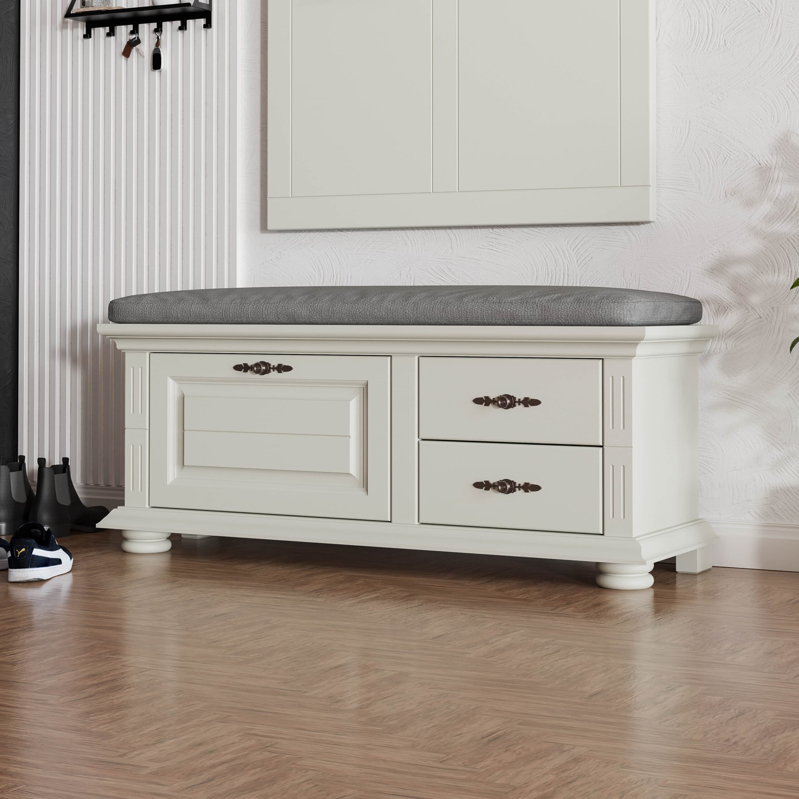 Banc en bois massif Skagen avec coussins, gris gravier