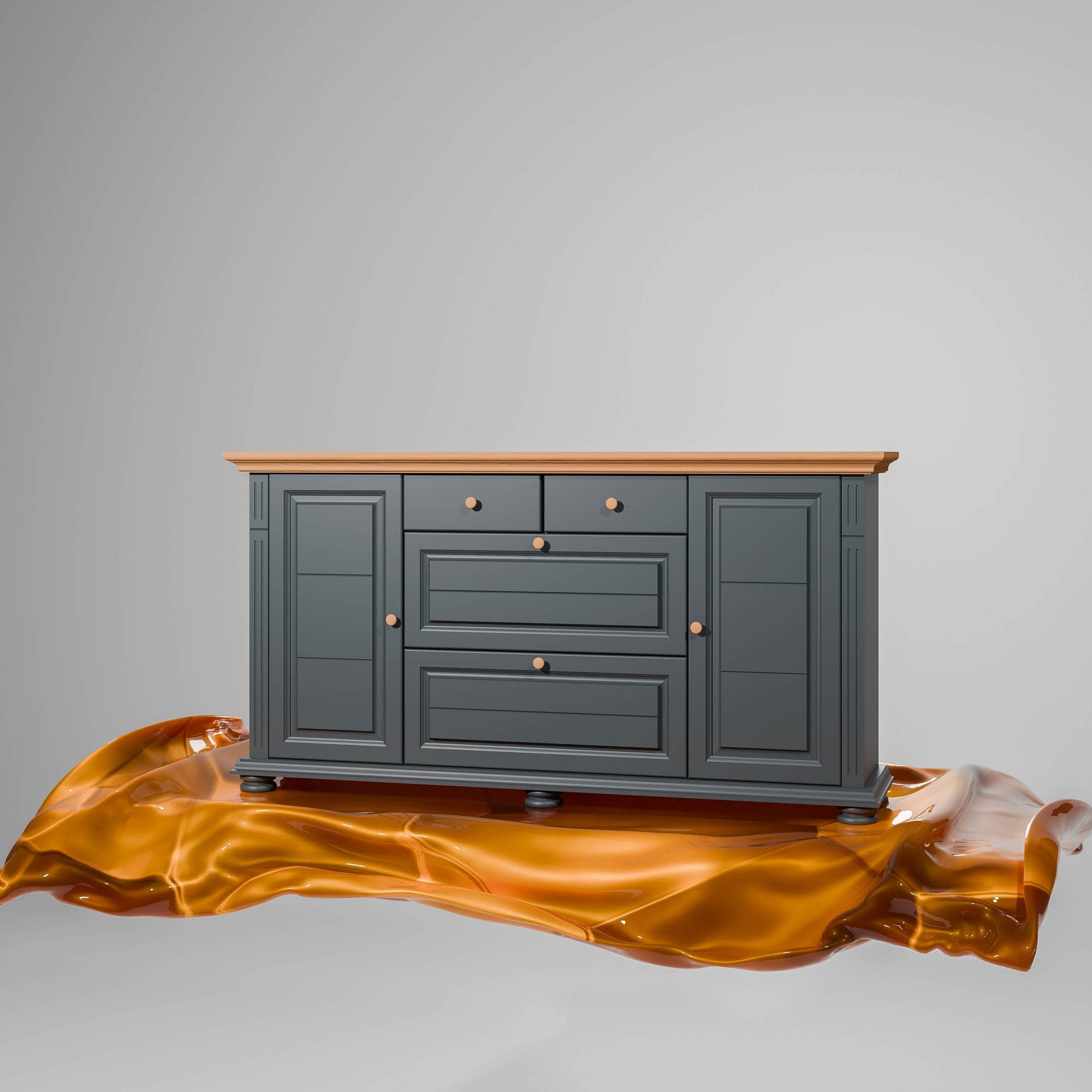 Commode Skagen avec étagères, couleur miel et anthracite