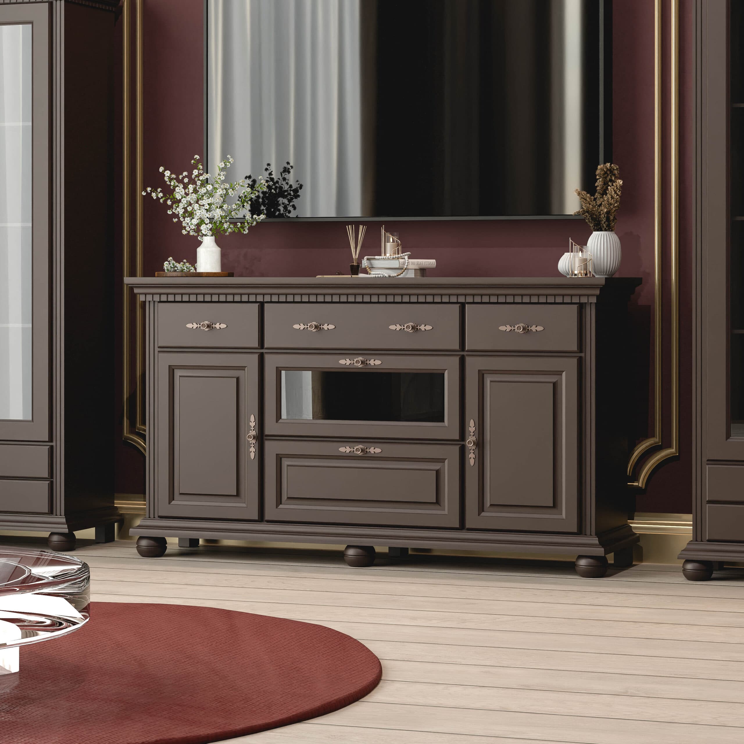 Commode en bois massif Fjord 175 avec inserts en verre, couleur chocolat