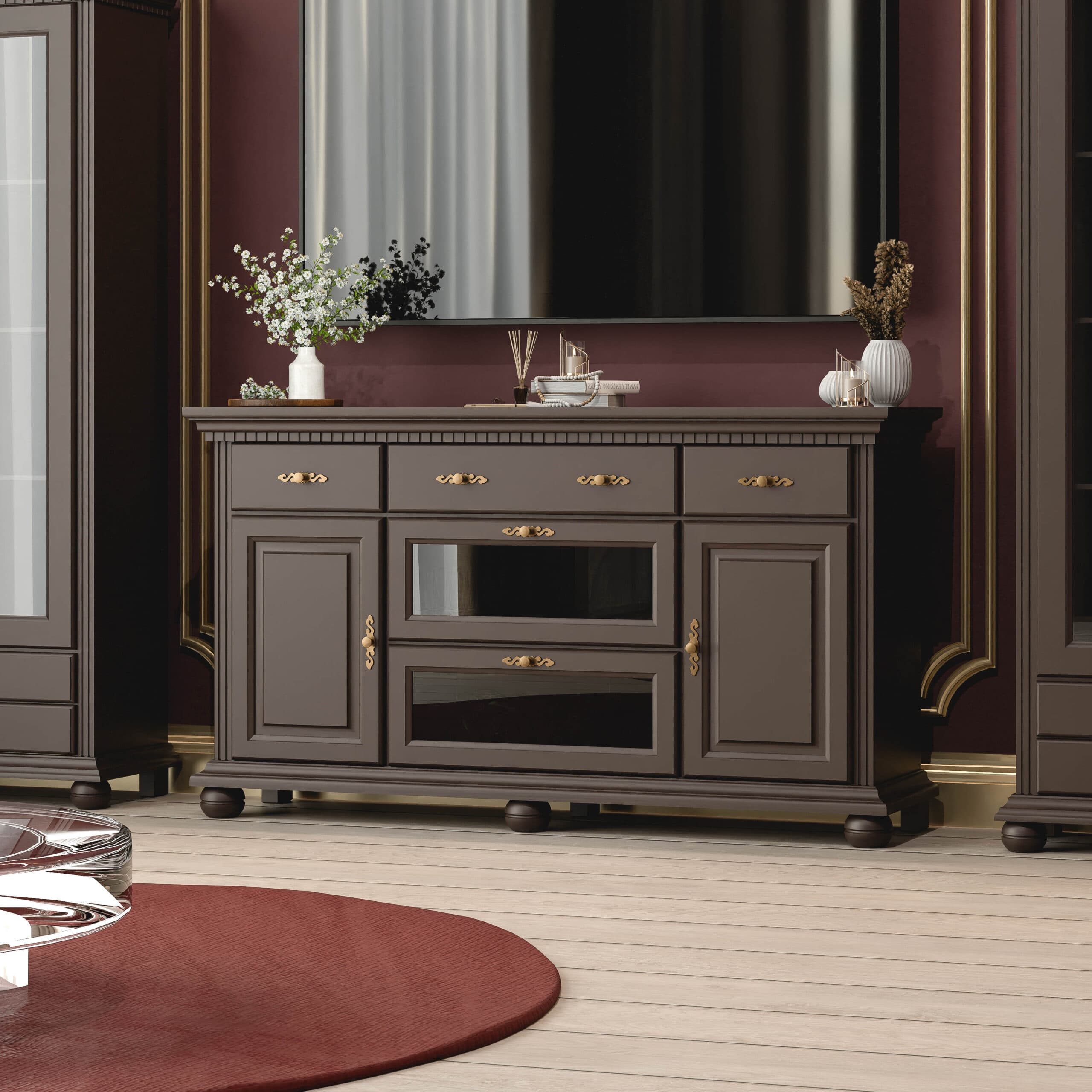 Commode en bois massif Fjord 175 avec inserts en verre, couleur chocolat