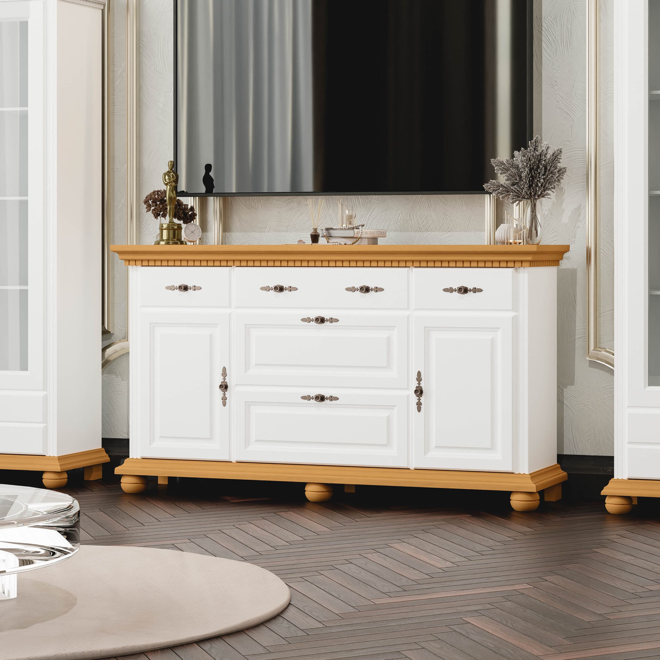 Commode en bois massif Fjord 175 avec étagères, blanc polaire