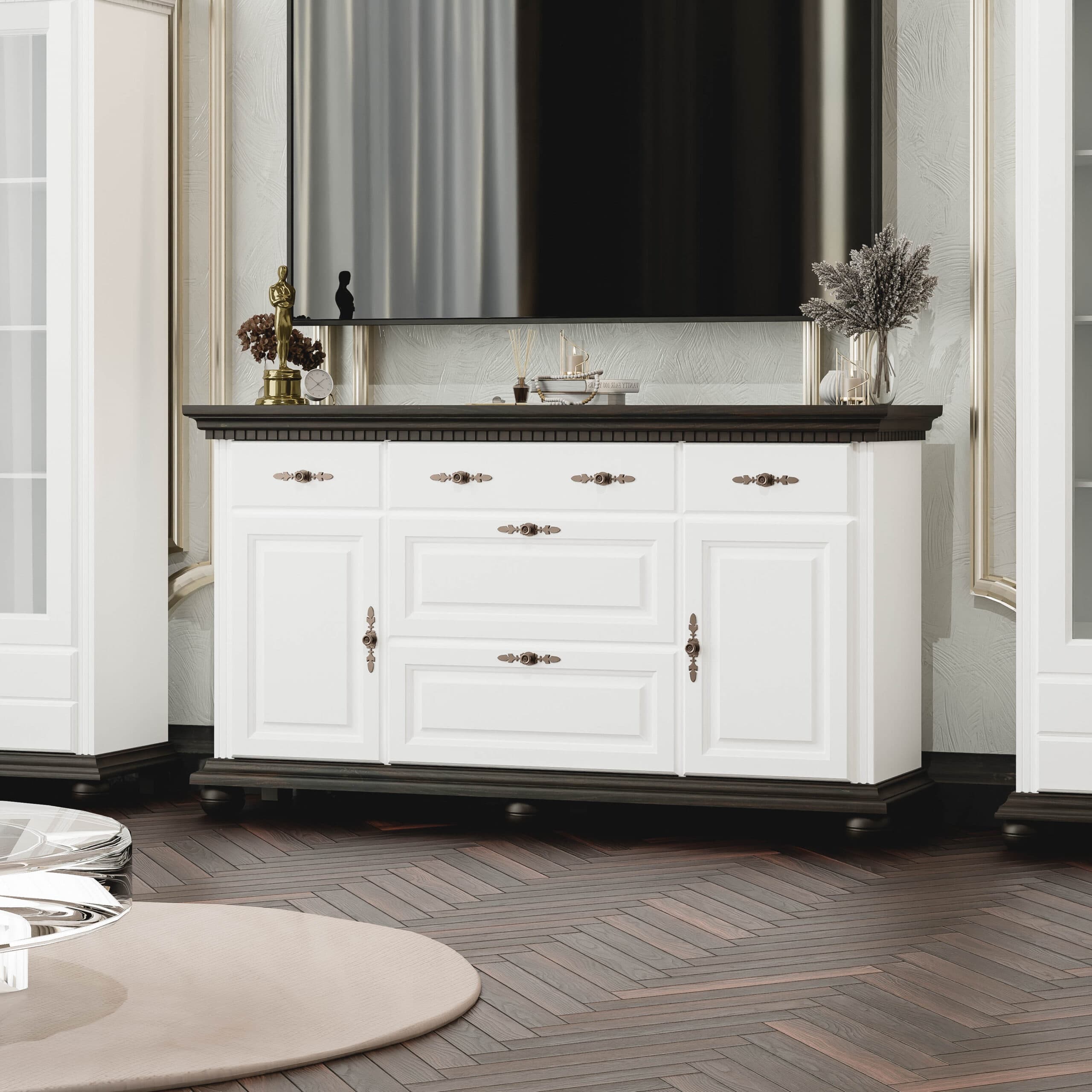 Commode en bois massif Fjord 175 avec étagères, blanc polaire