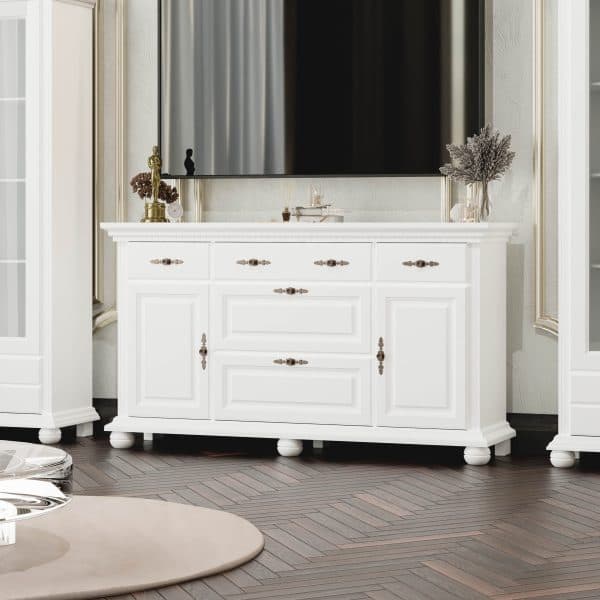 Commode en bois massif Fjord 175 avec étagères, blanc polaire