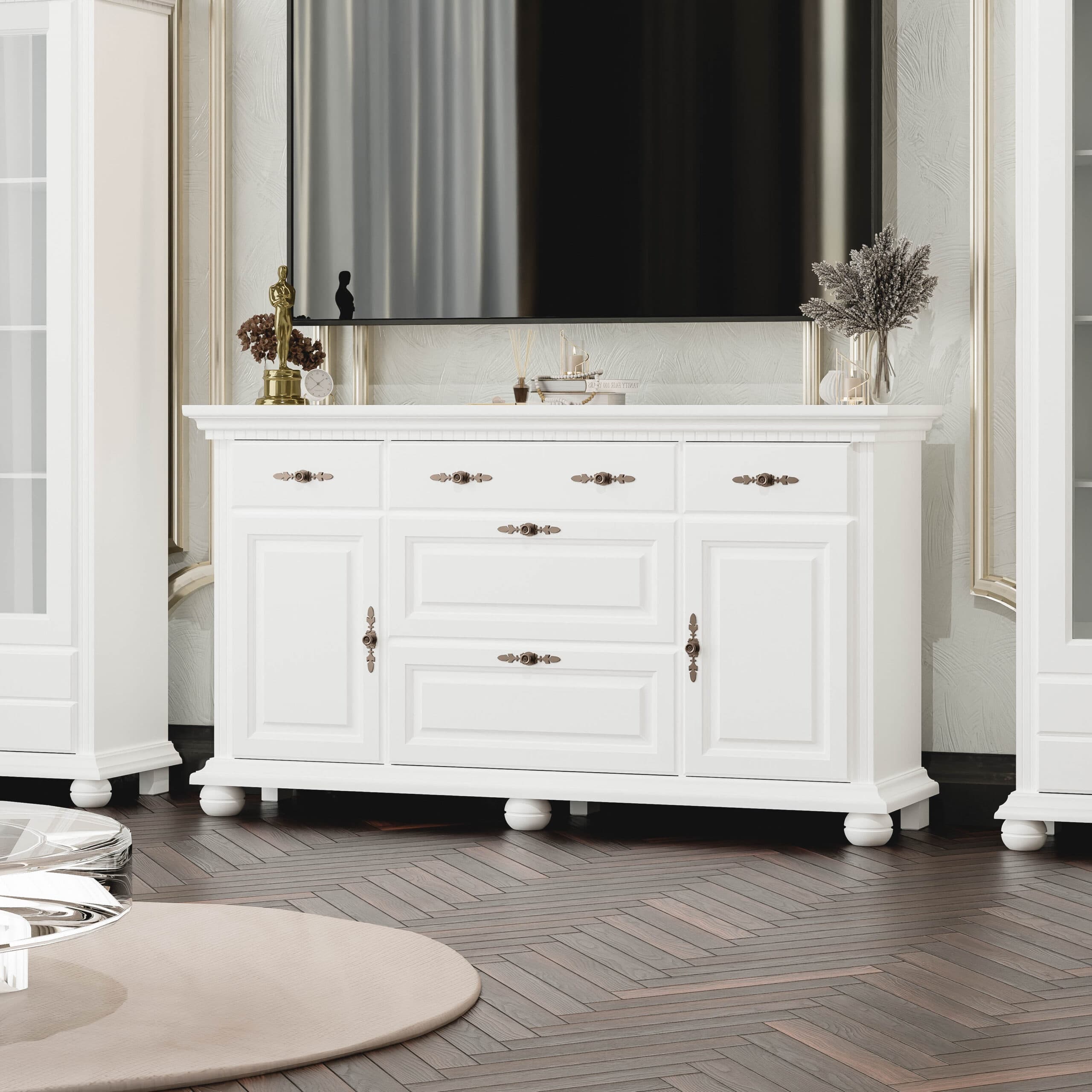 Commode en bois massif Fjord 175 avec étagères, blanc polaire