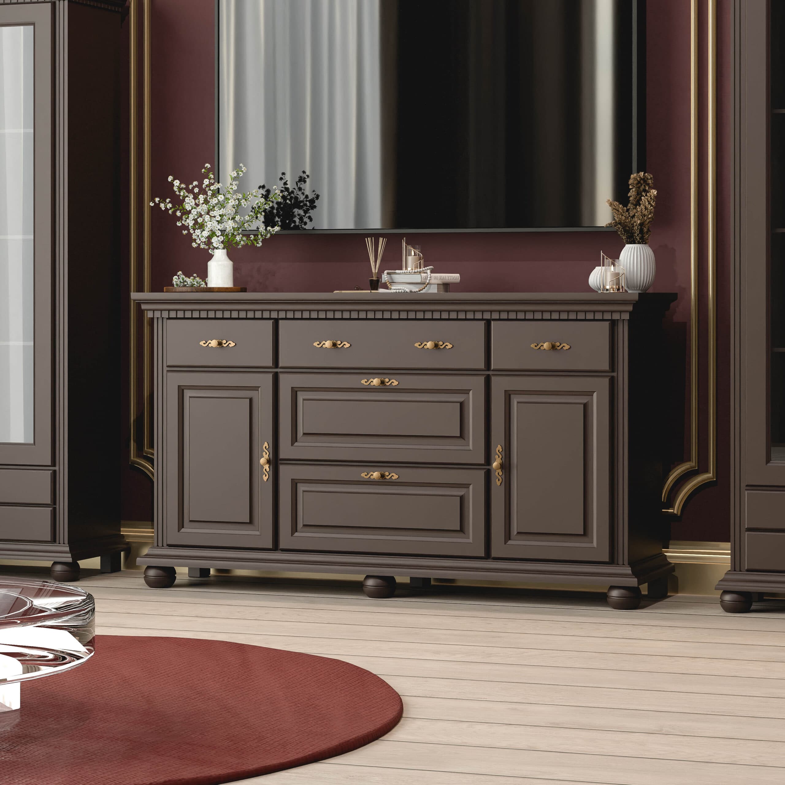 Commode en bois massif Fjord 175 avec inserts en verre, couleur chocolat