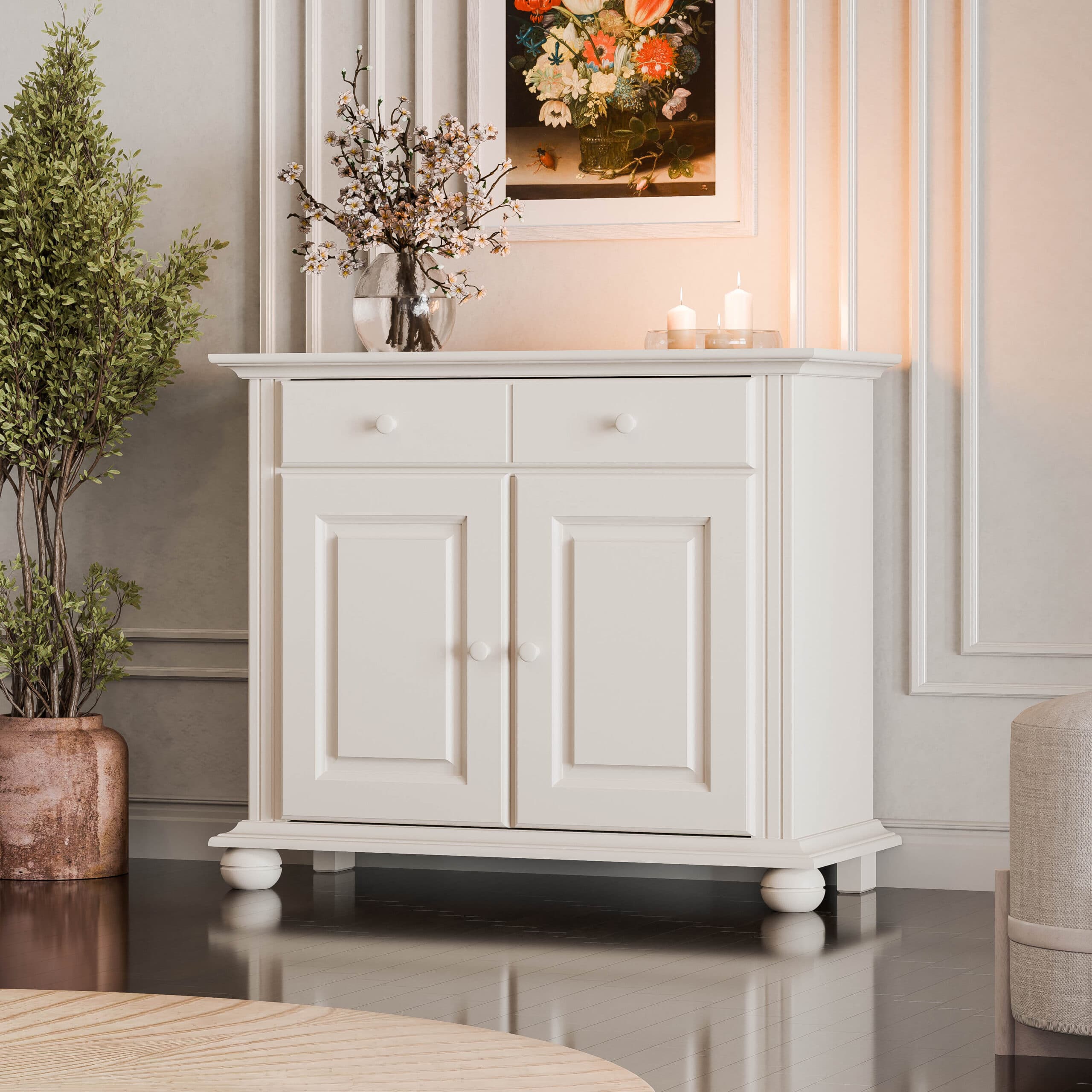 Commode en bois massif Nordby, 2 portes, 1 tiroir, beige cachemire