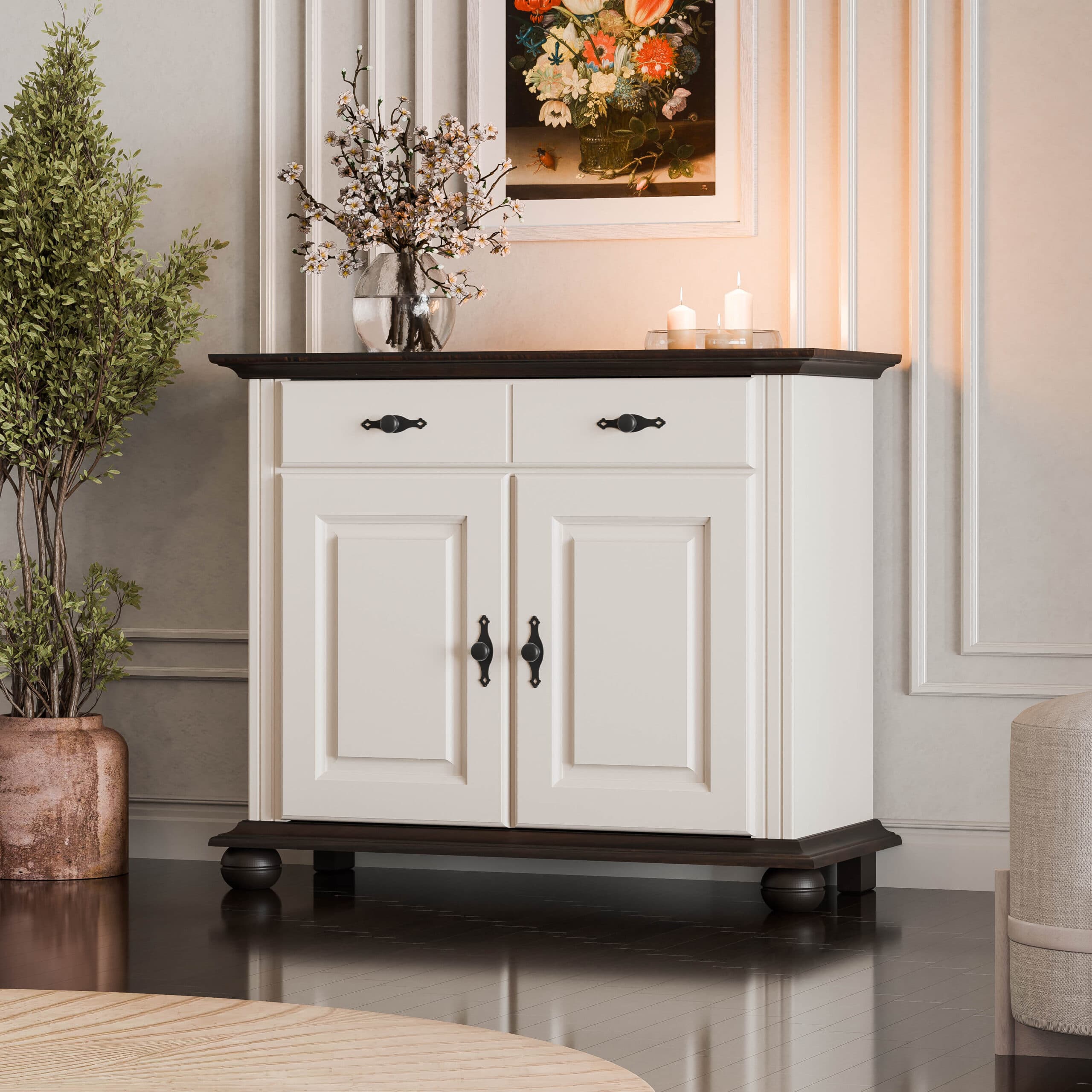 Commode en bois massif Nordby, 2 portes, 1 tiroir, beige cachemire