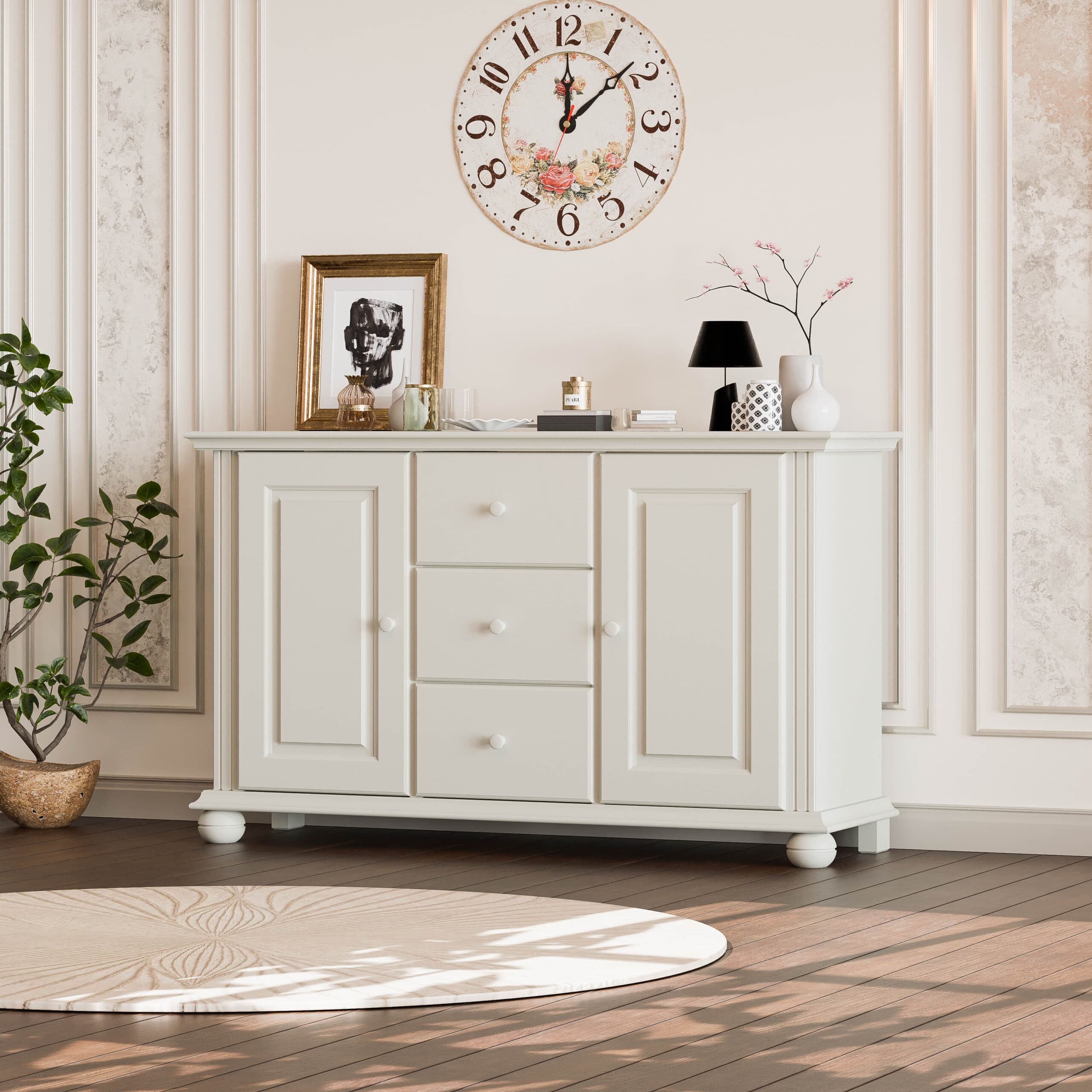 Commode en bois massif Nordby, 2 portes, 3 tiroirs, gris gravier