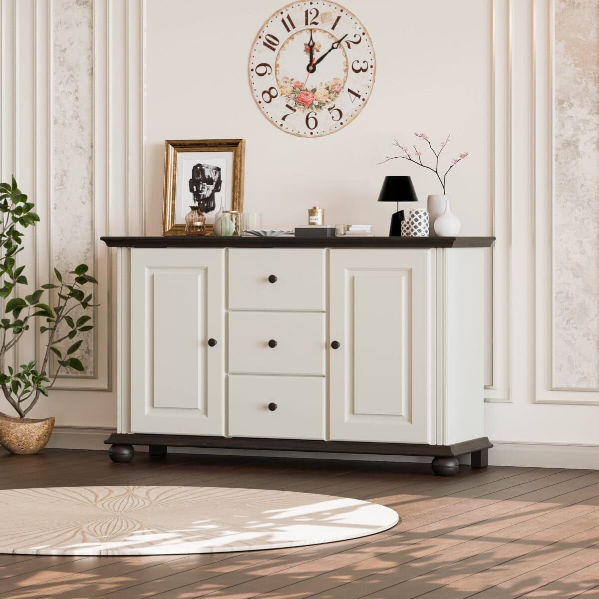 Commode en bois massif Nordby, 2 portes, 3 tiroirs, gris gravier
