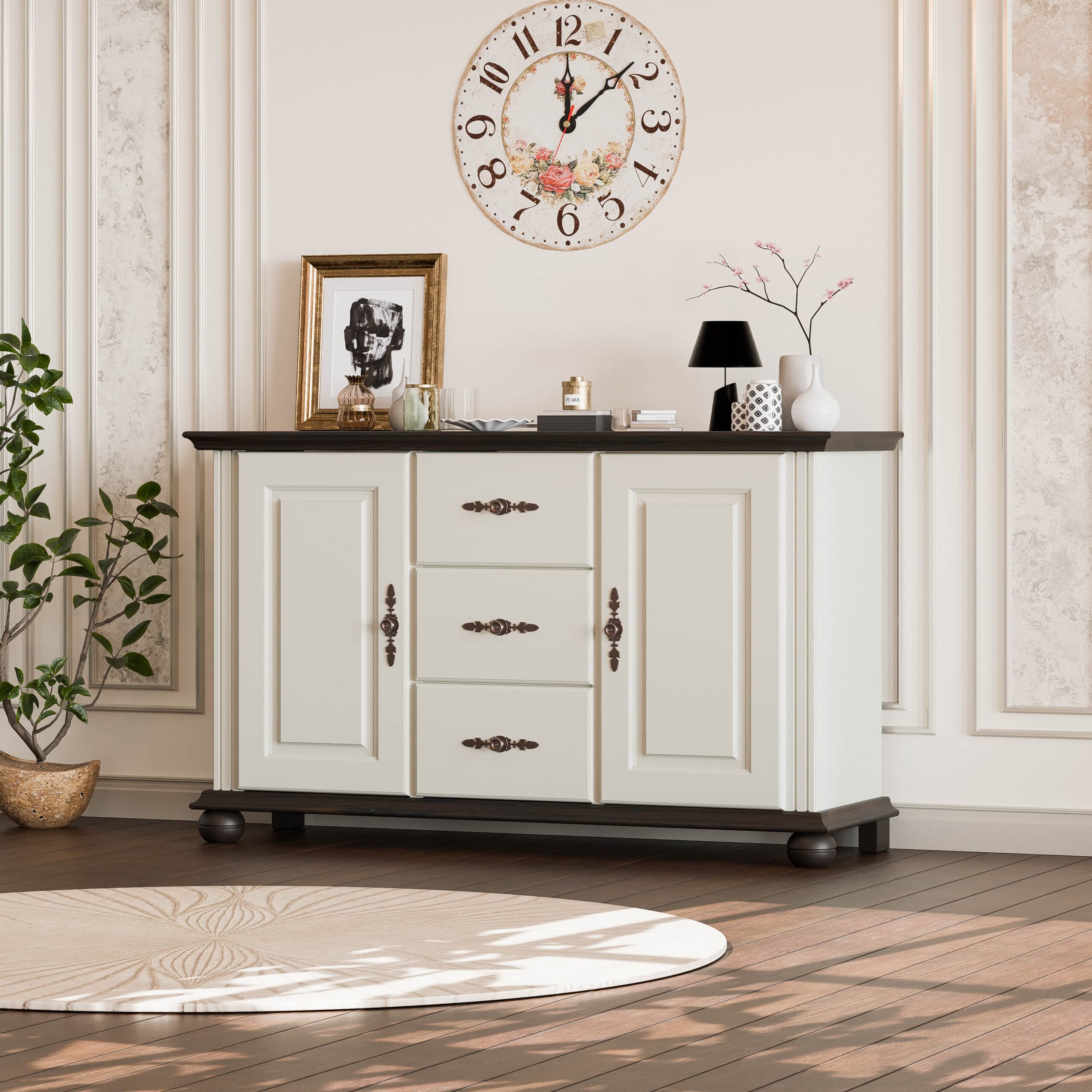 Commode en bois massif Nordby, 2 portes, 3 tiroirs, gris gravier