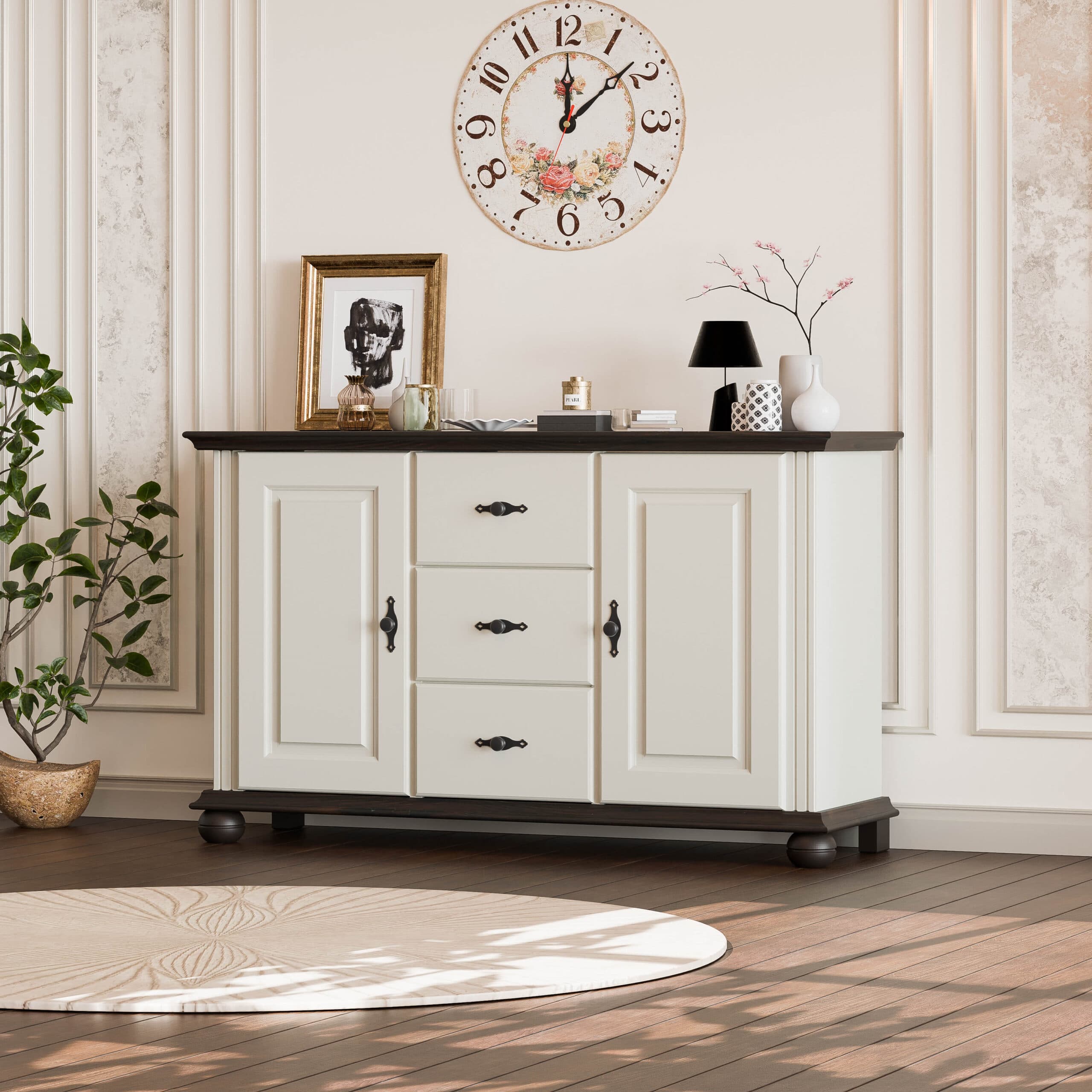 Commode en bois massif Nordby, 2 portes, 3 tiroirs, gris gravier