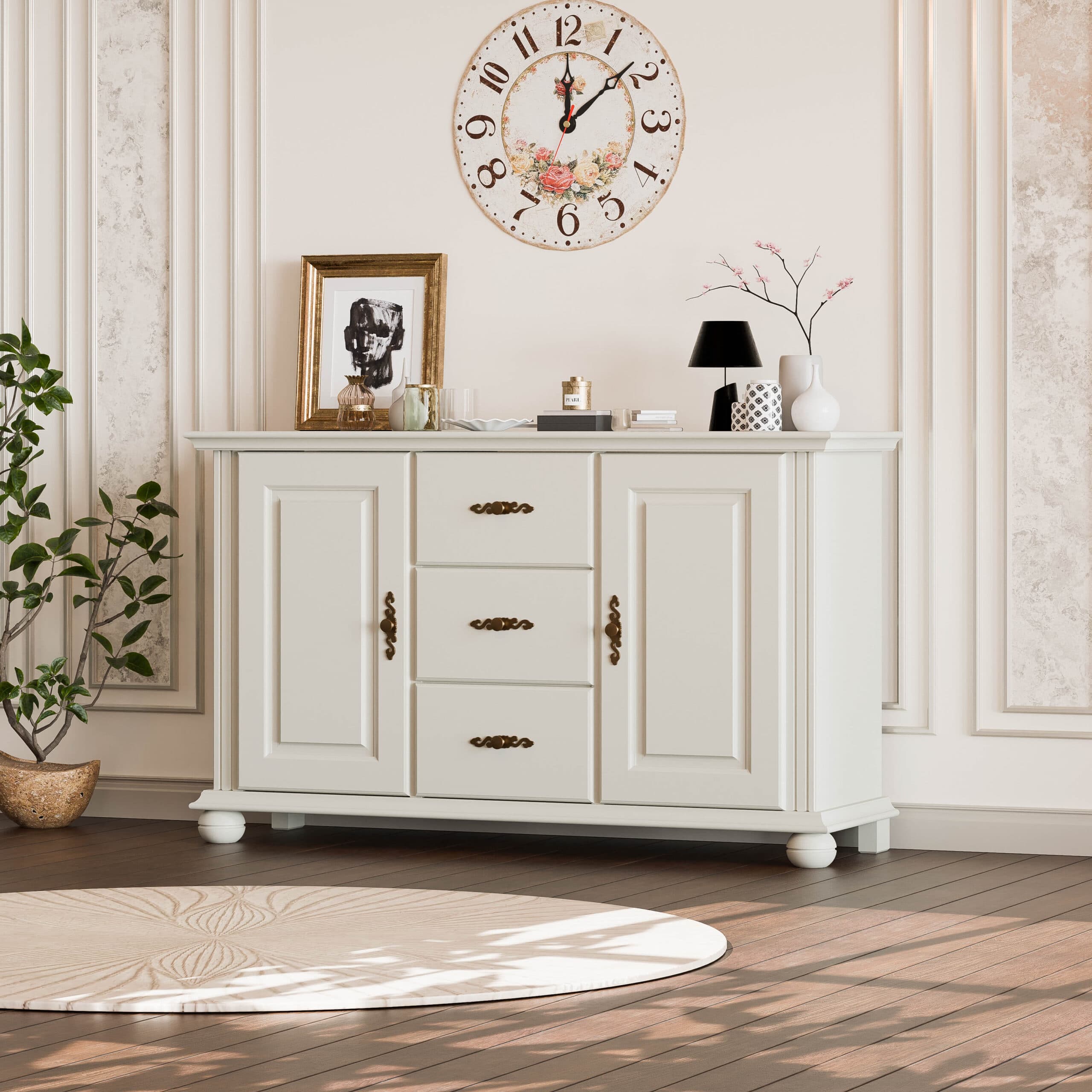 Commode en bois massif Nordby, 2 portes, 3 tiroirs, gris gravier