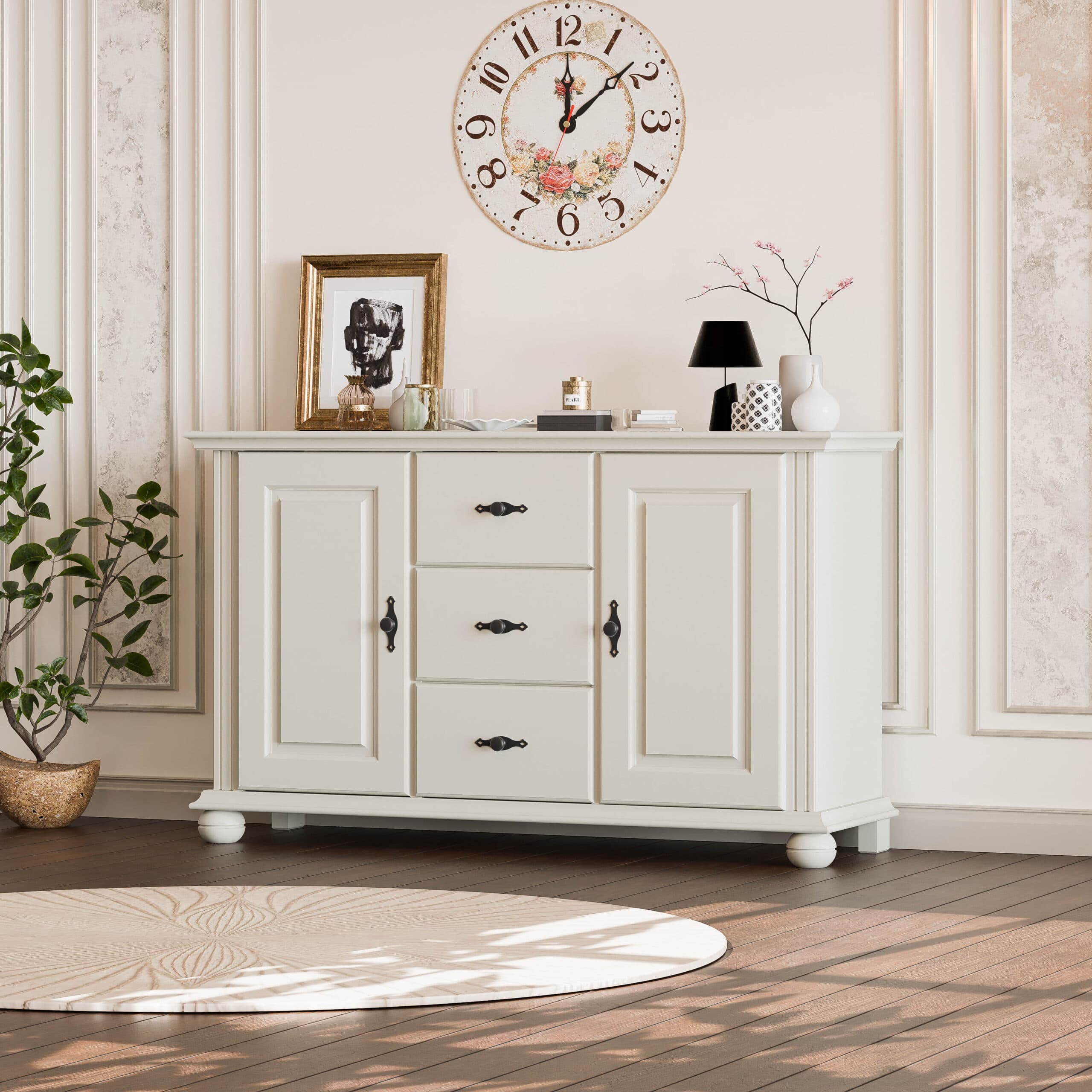 Commode en bois massif Nordby, 2 portes, 3 tiroirs, gris gravier