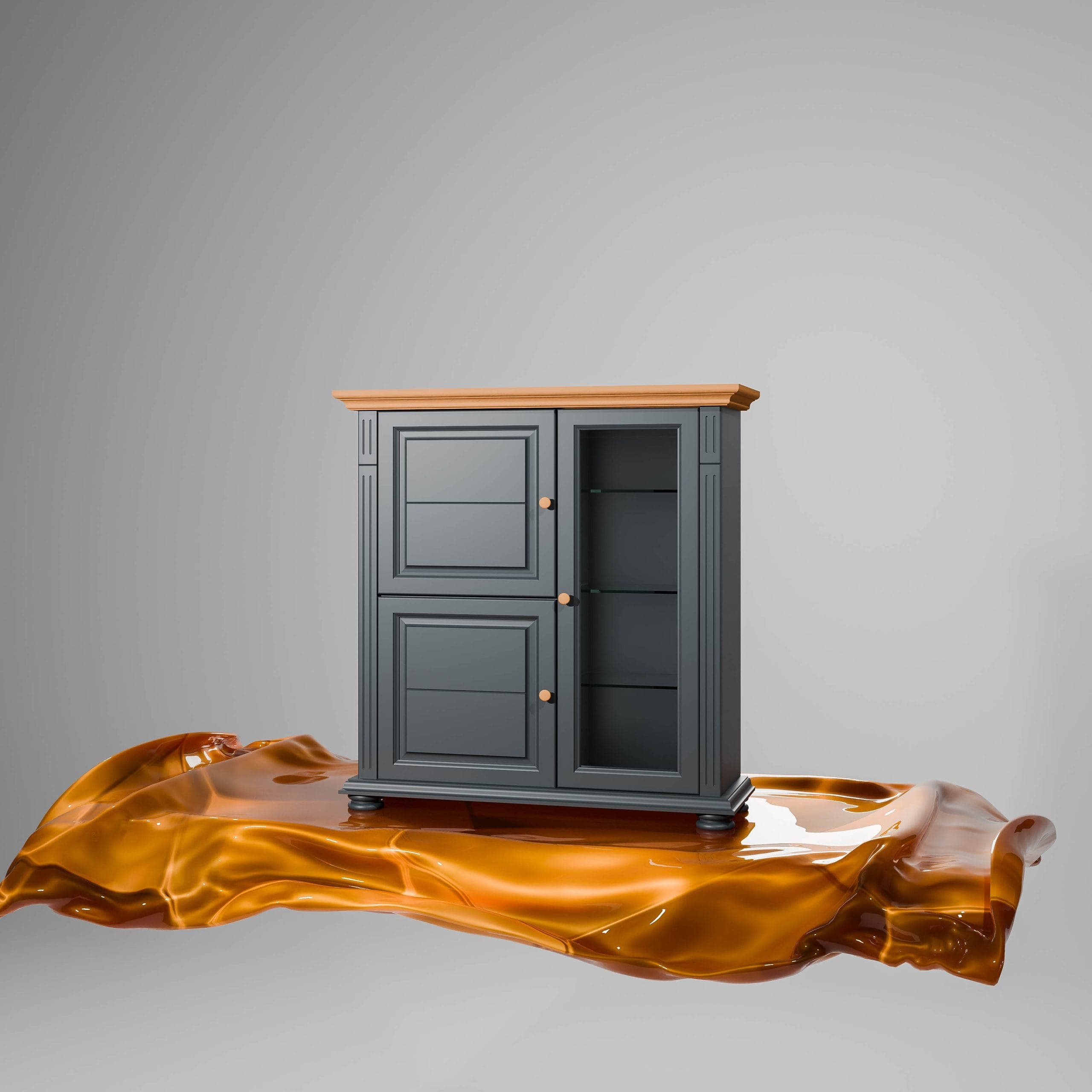 Commode Skagen en bois massif avec étagères en verre, anthracite
