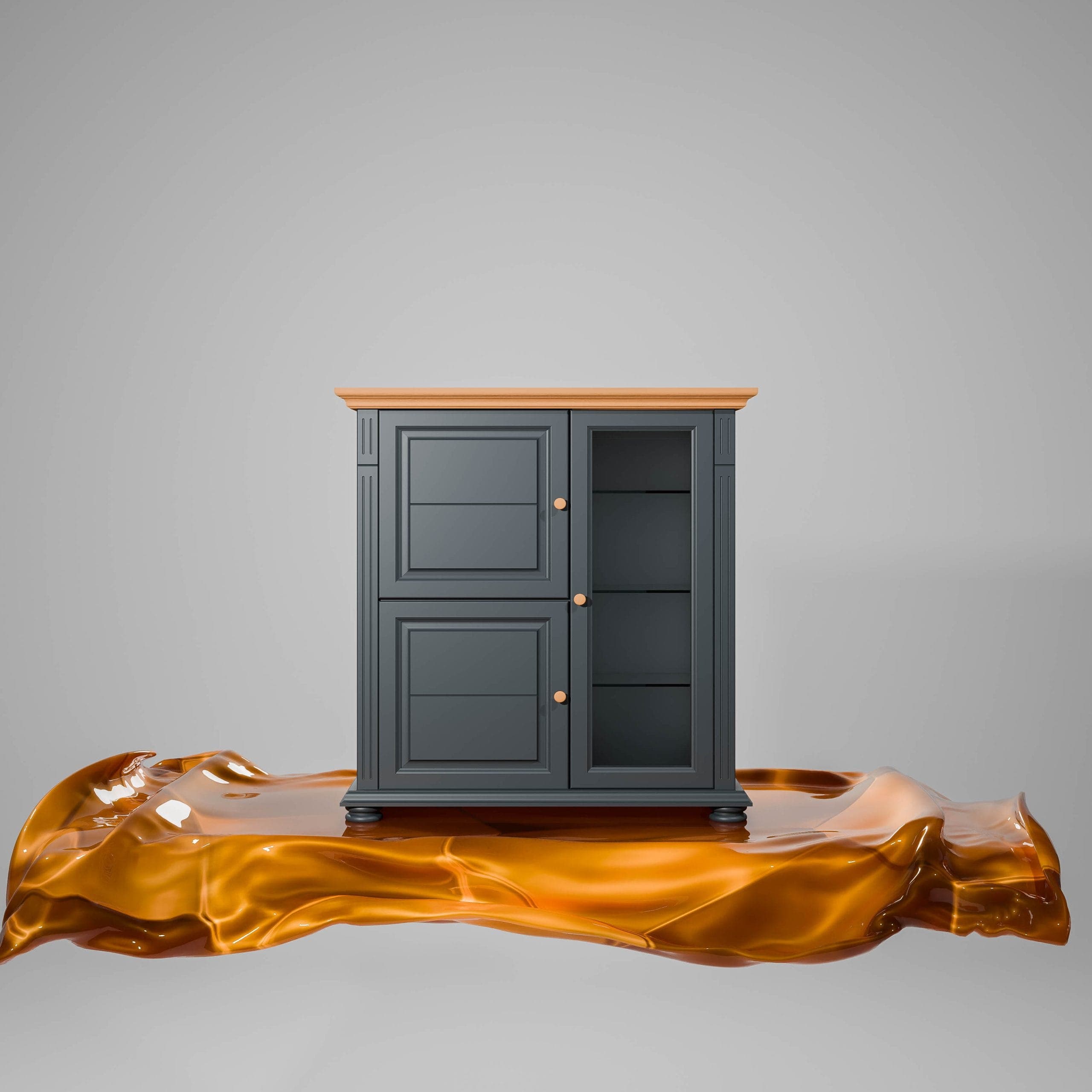 Commode Skagen en bois massif avec étagères en verre, anthracite