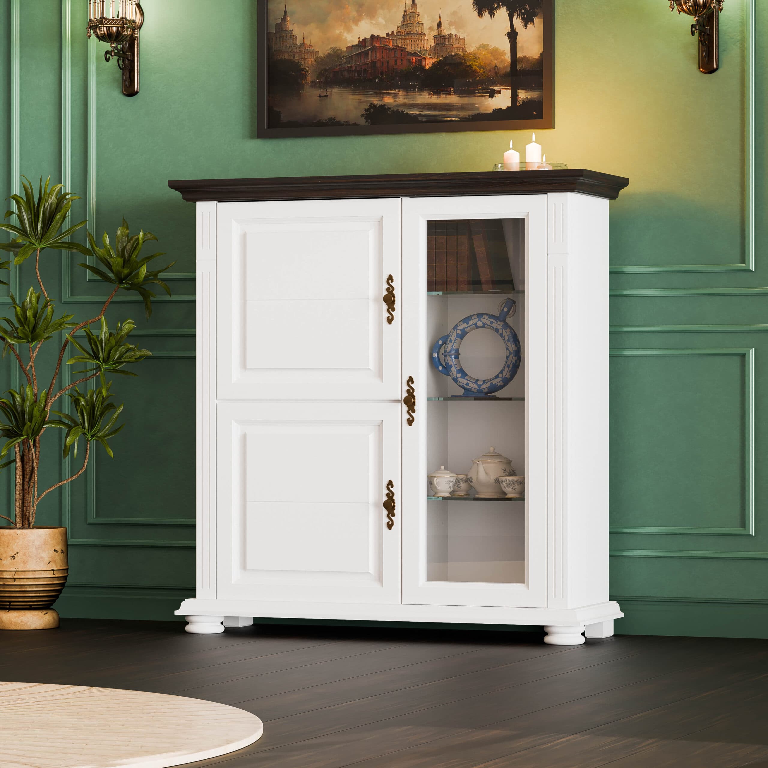 Commode « Skagen » avec vitrine en bois massif et étagères en verre