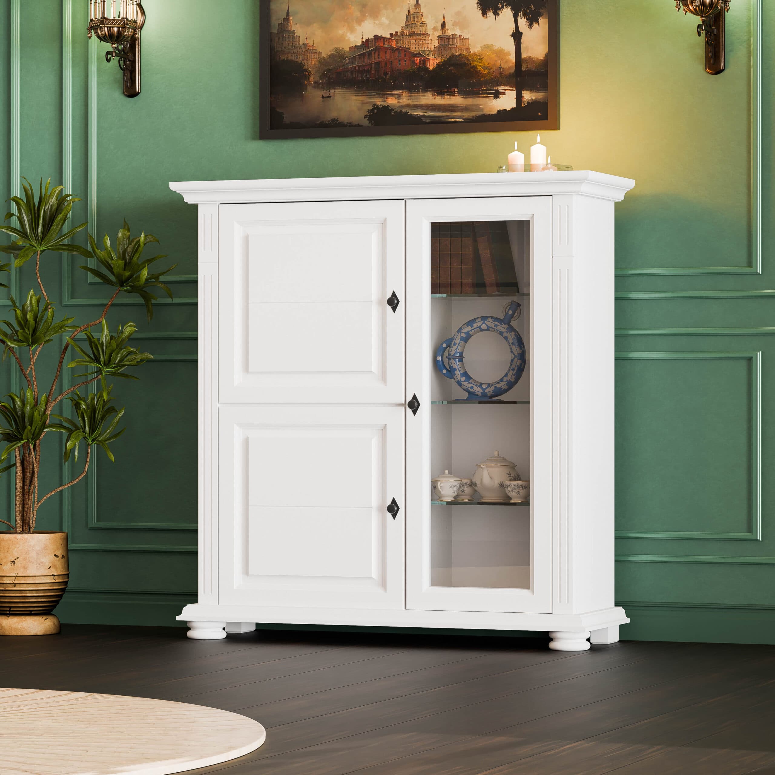Commode « Skagen » avec vitrine en bois massif et étagères en verre
