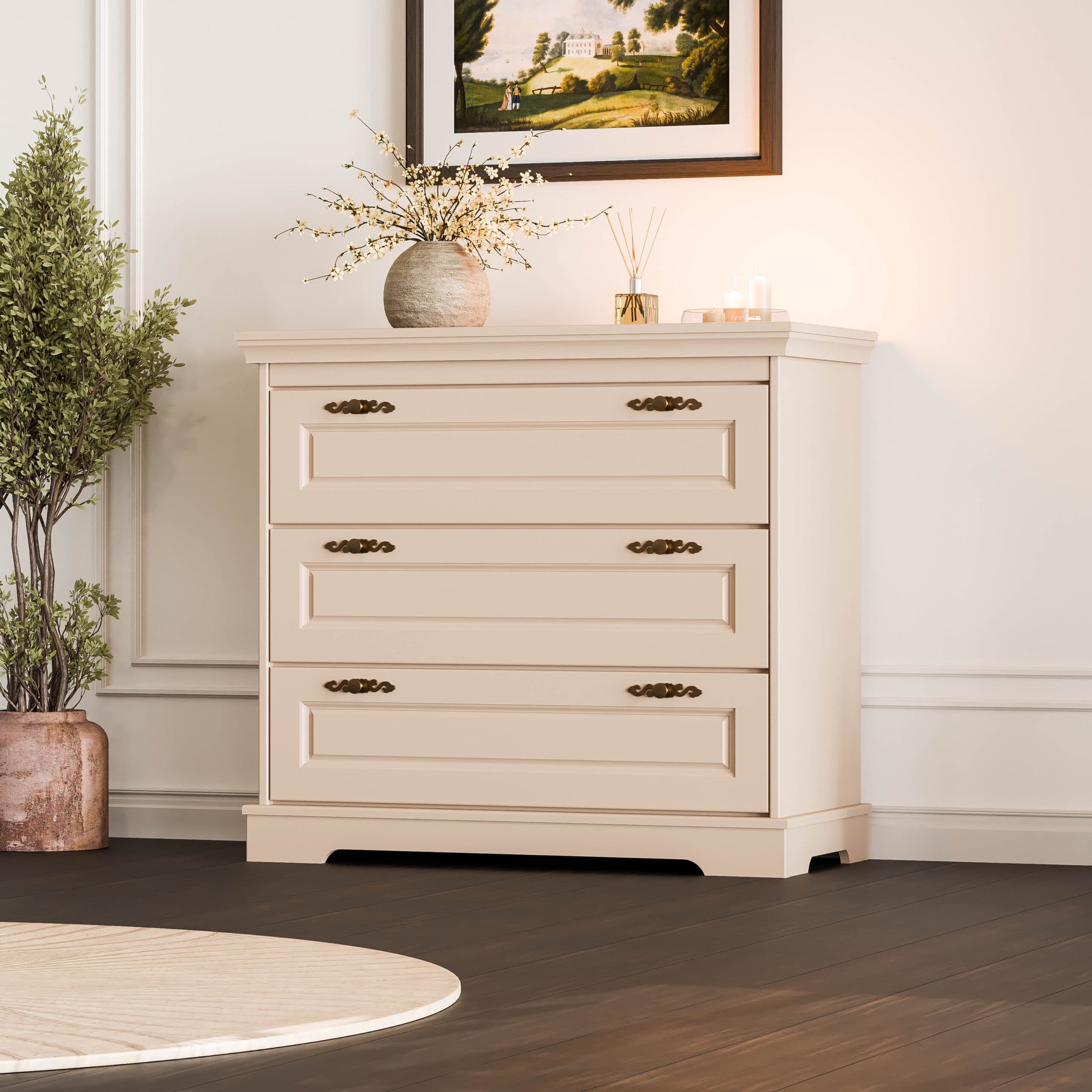 Commode en bois massif Linnea à 3 tiroirs, taupe foncé, 100 cm
