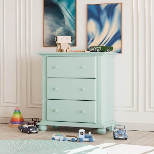 Commode en bois massif Nordby, 3 tiroirs, turquoise pastel