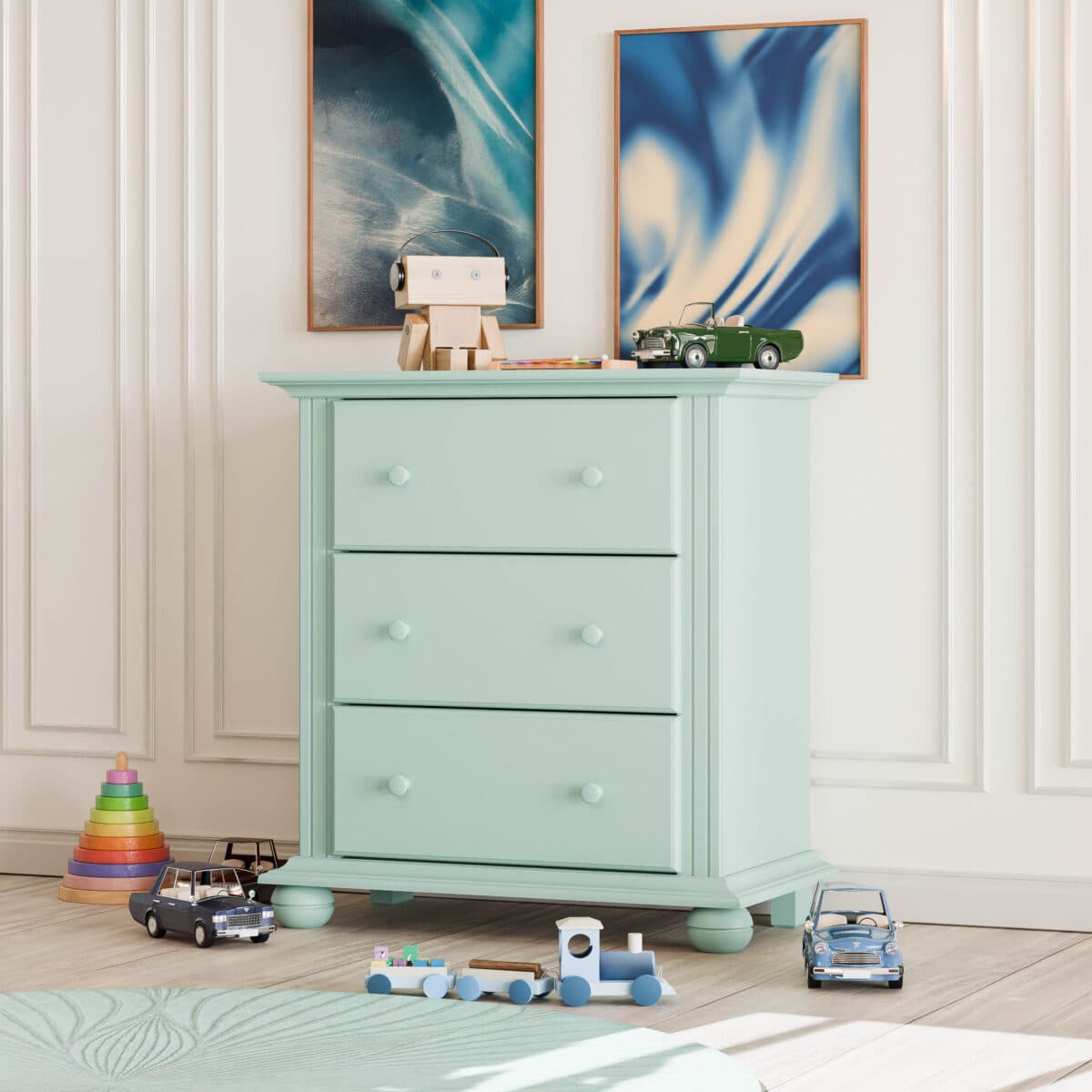 Commode en bois massif Nordby, 3 tiroirs, turquoise pastel