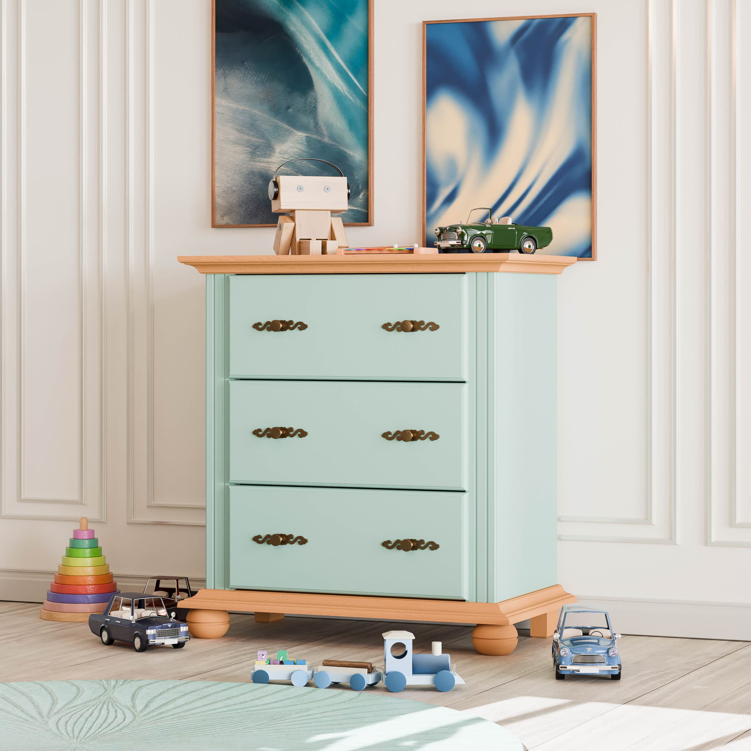 Commode en bois massif Nordby, 3 tiroirs, turquoise pastel